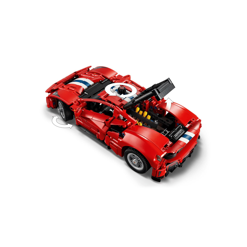 Czerwony samochód sportowy Lego Technic z otwartymi drzwiami i maską, w biało-niebieskie pasy na białym tle.