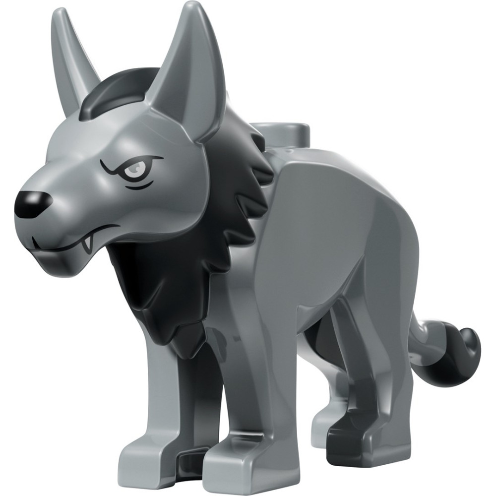 Szara figurka wilka LEGO z czarnymi detalami i srogim wyrazem twarzy na białym tle.