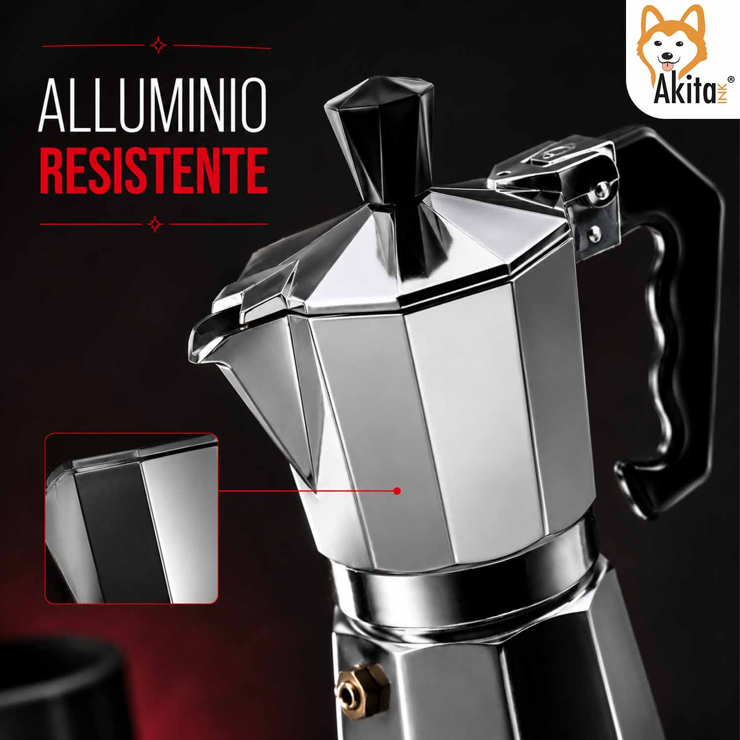Caffettiera moka argentata lucida su sfondo scuro con scritta Alluminio Resistente.