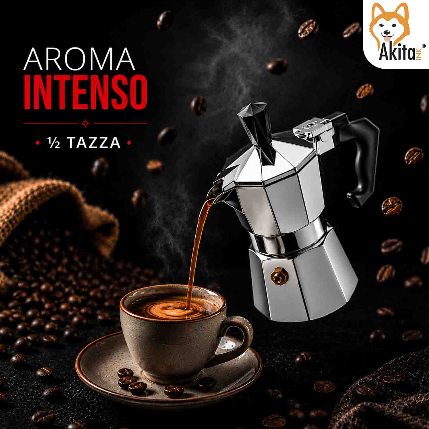 Una moka versa caffè in una tazza, circondata da chicchi di caffè e testo.