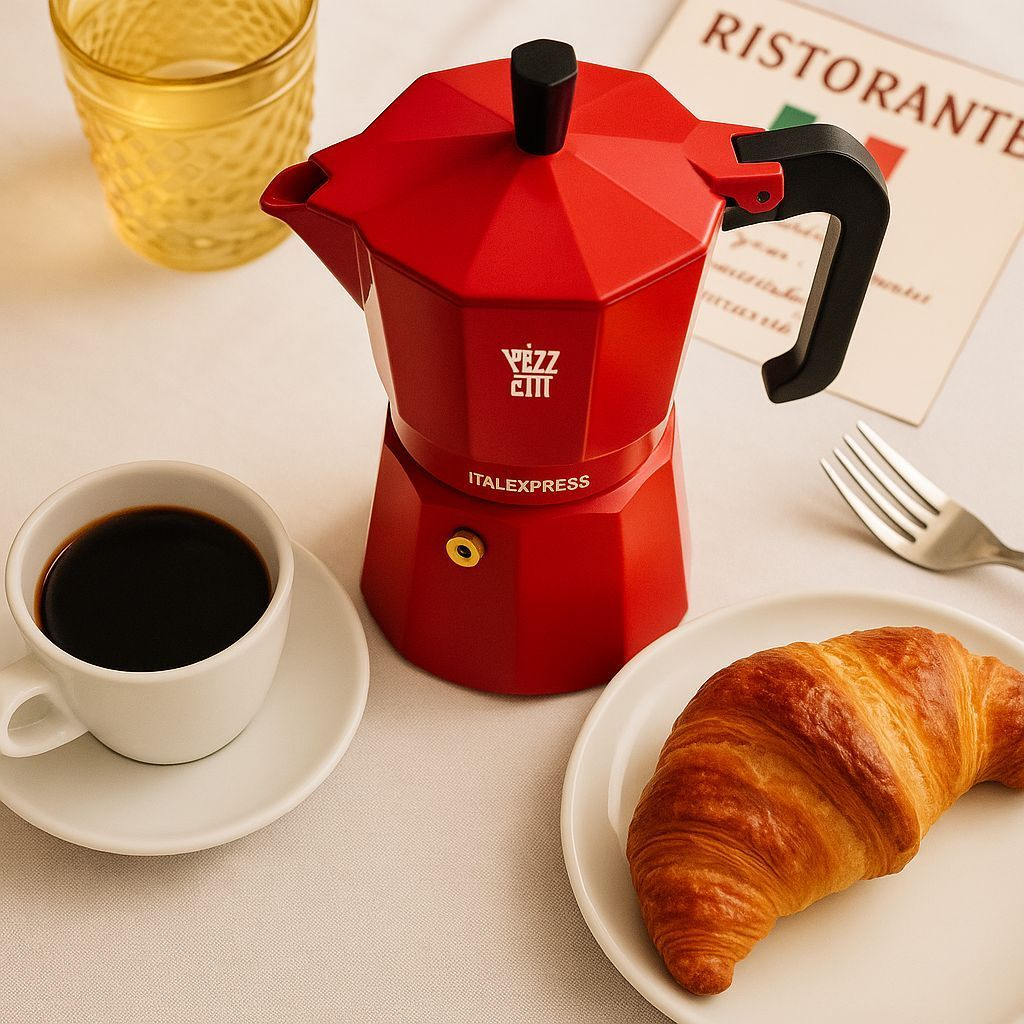Una moka rossa, una tazza di caffè, un cornetto e un bicchiere su un tavolo.