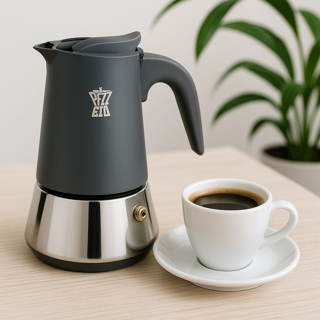 Una moka grigia e una tazza di caffè nero sono su un tavolo di legno con una pianta verde sullo sfondo.