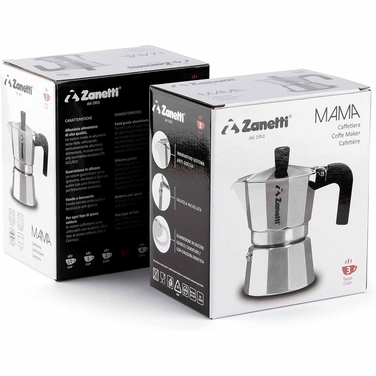 Due scatole bianche e nere per caffettiere moka Zanetti Mamma affiancate con una caffettiera.