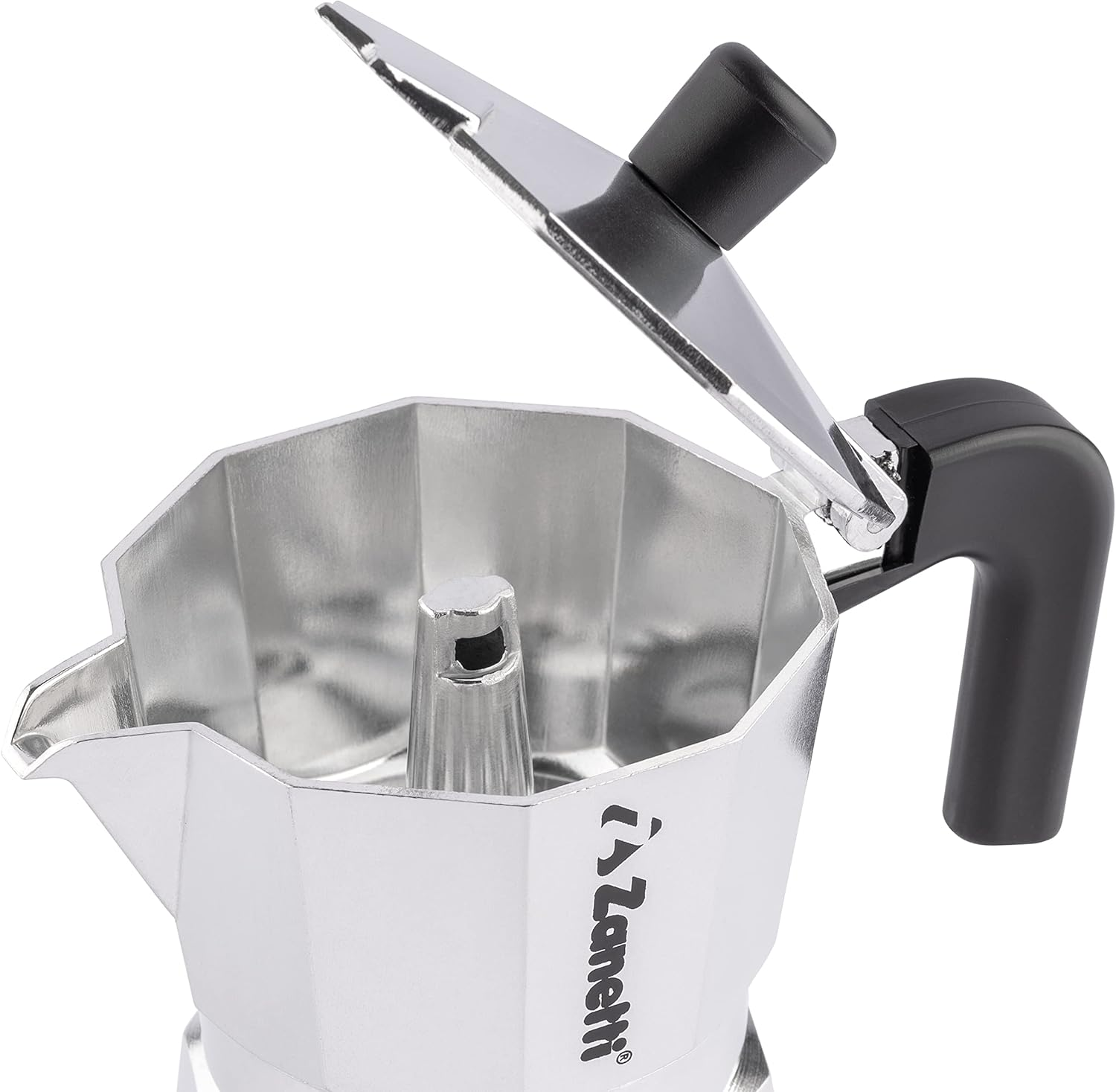Caffettiera moka in alluminio lucido con coperchio aperto e manico nero.