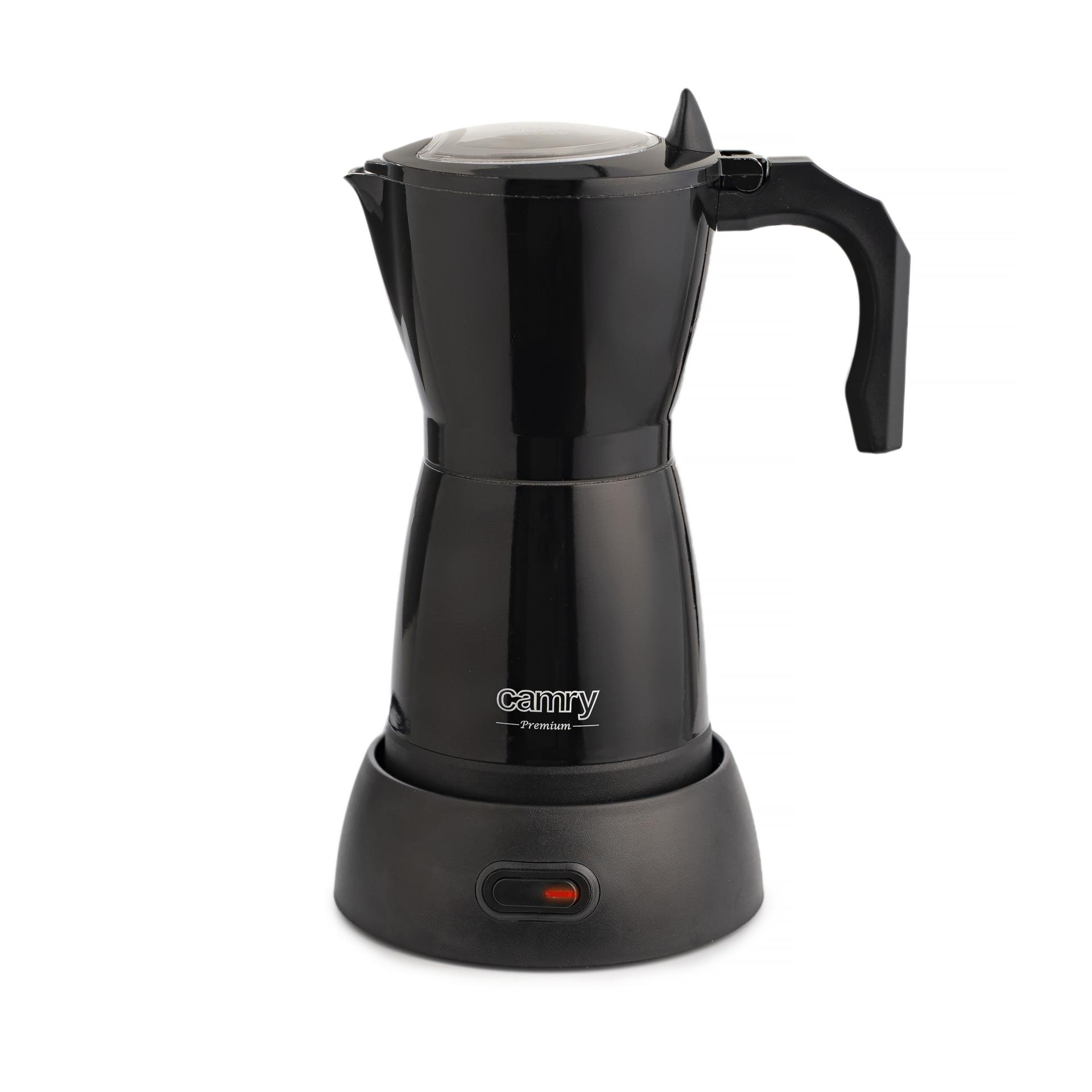 Caffettiera moka elettrica nera con logo Camry su base rotonda con spia rossa su sfondo bianco.