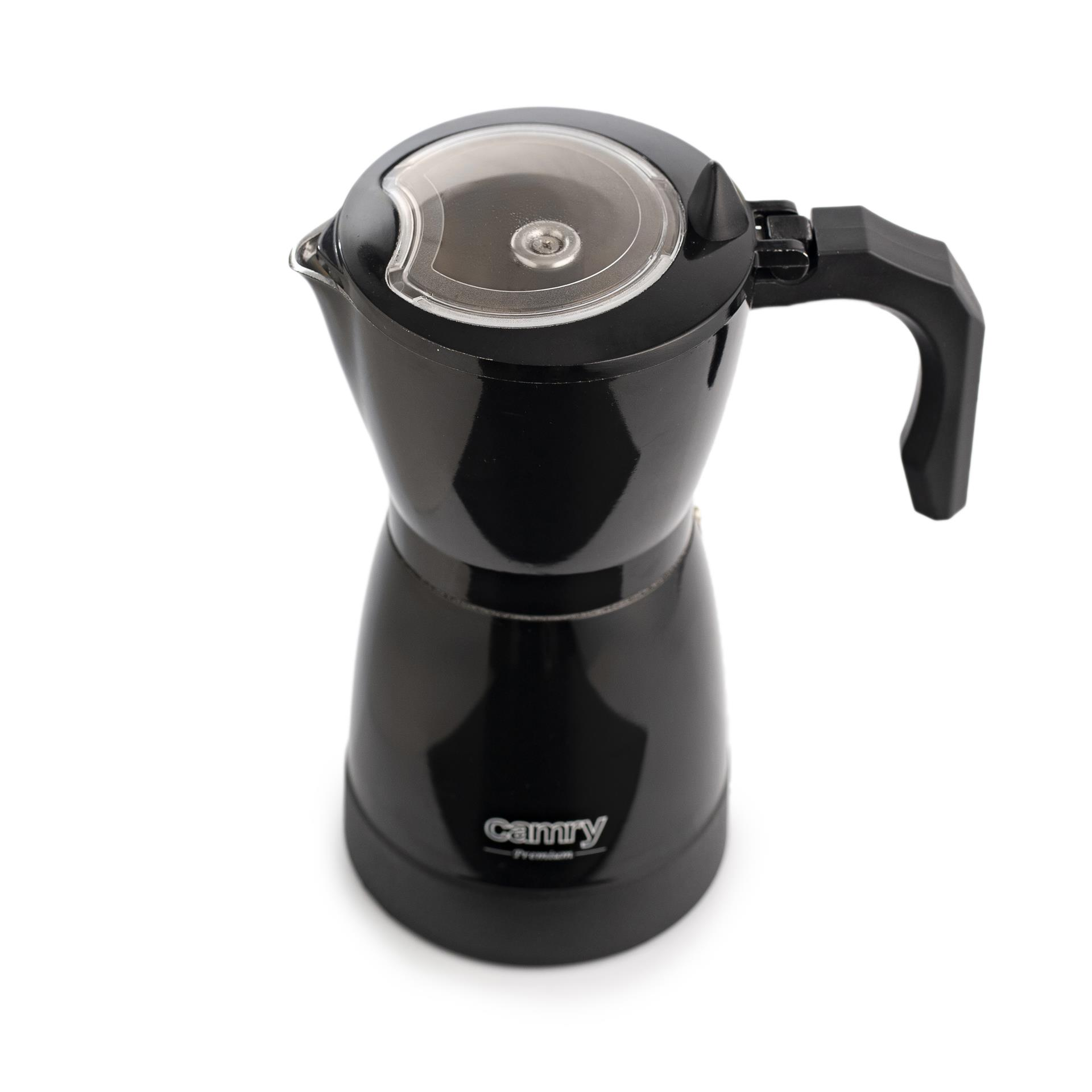 Caffettiera moka Camry nera su sfondo bianco con coperchio trasparente.