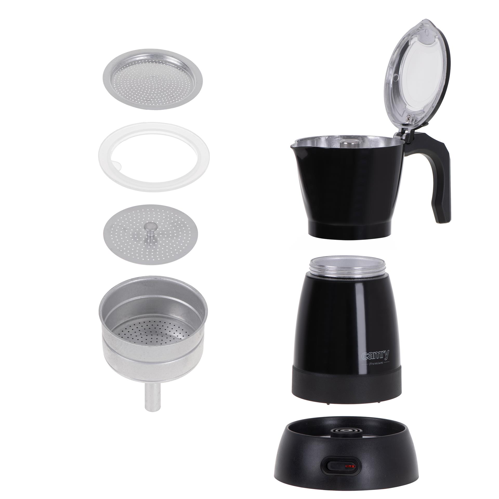 Vista esplosa di una moka elettrica nera con filtri rimovibili, imbuto, guarnizione e base riscaldante.