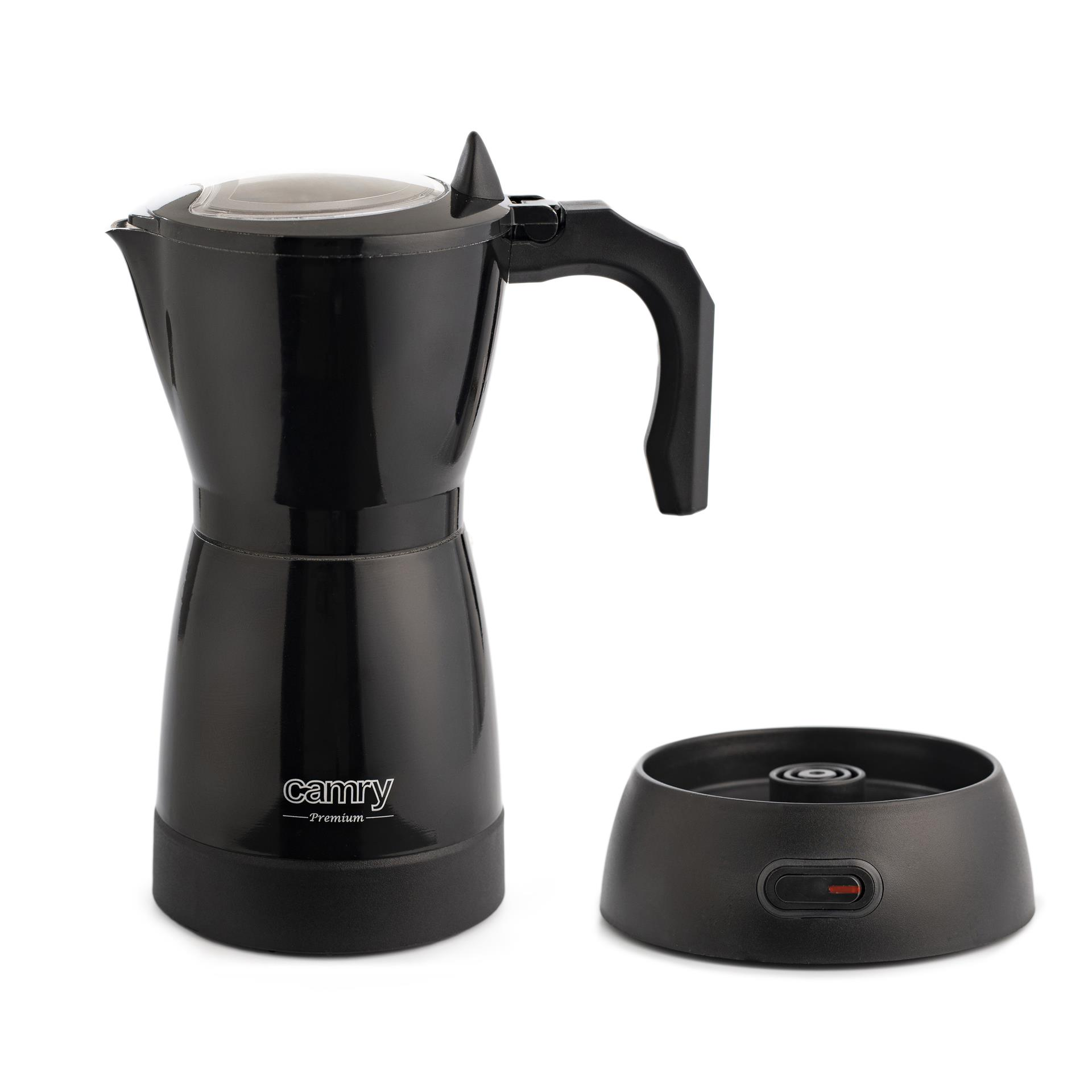 Caffettiera moka elettrica nera con base riscaldante separata su fondo bianco.