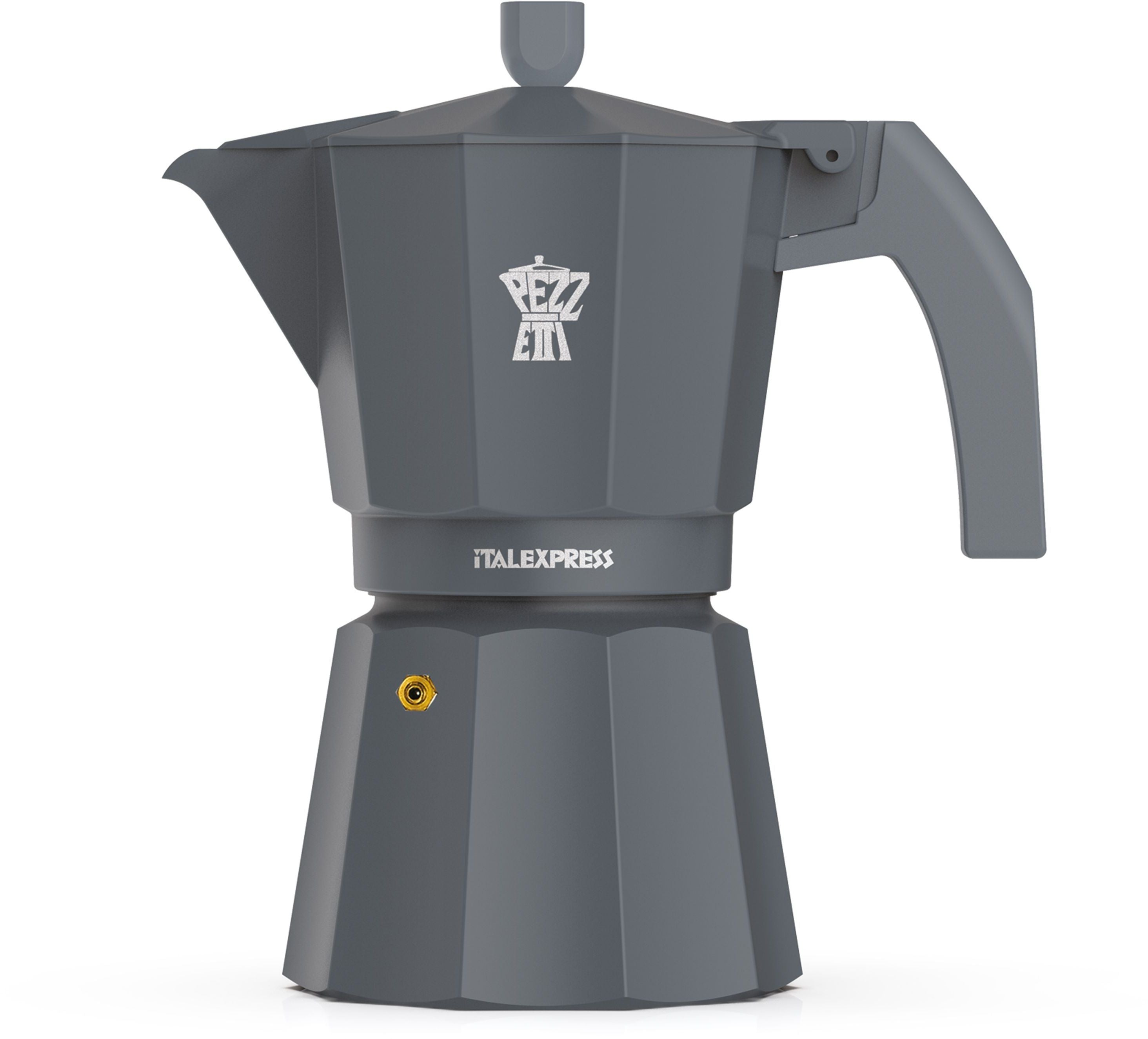 Una caffettiera moka grigia con logo bianco su sfondo bianco.