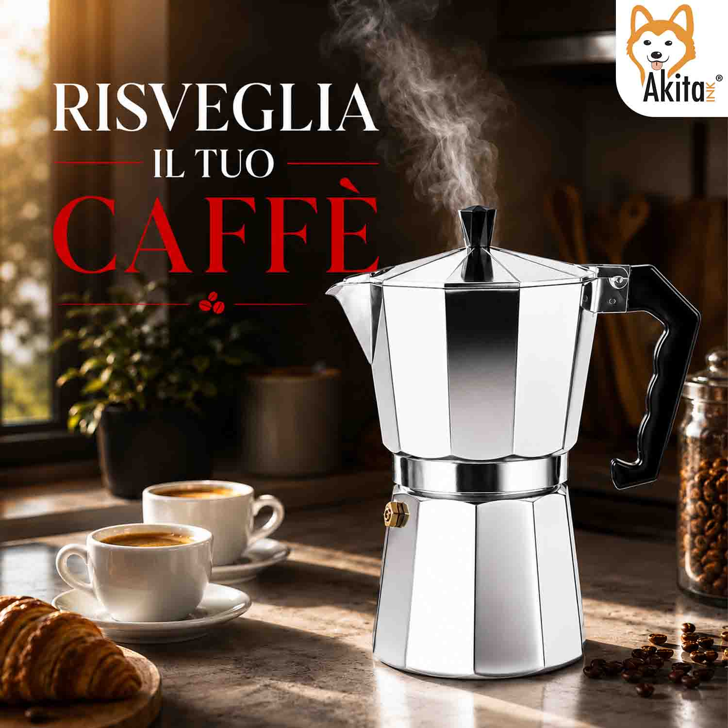 Una moka fumante su un bancone da cucina in legno con due tazzine di caffè.