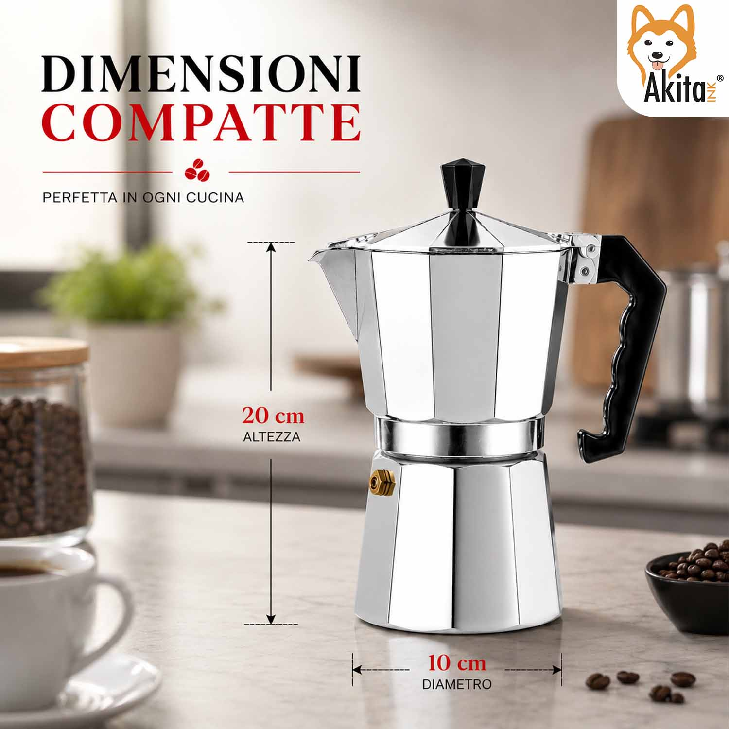 Una caffettiera moka argentata sul bancone della cucina con misure.