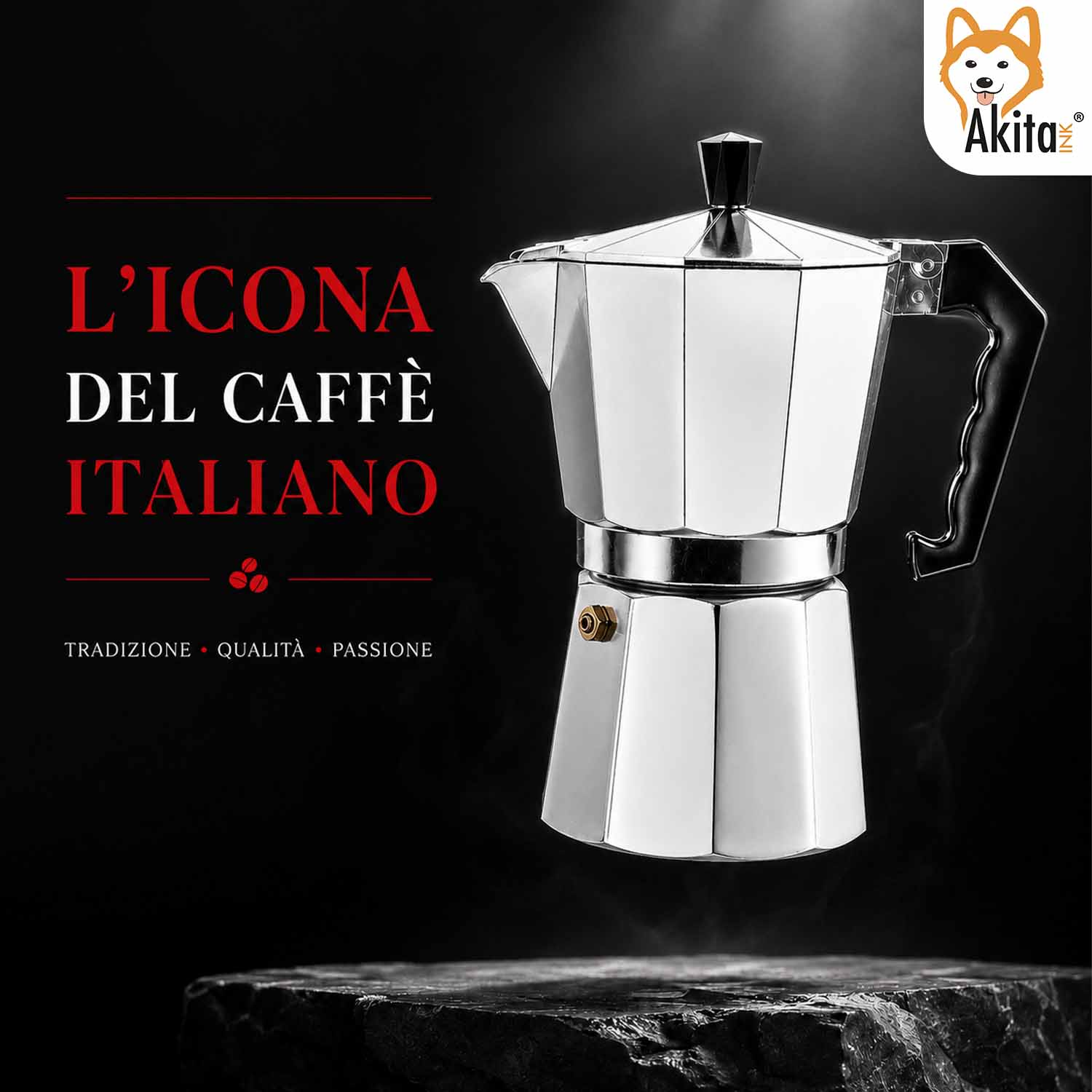Una moka d'argento galleggia su una pietra scura con testo rosso in italiano e logo Akita.
