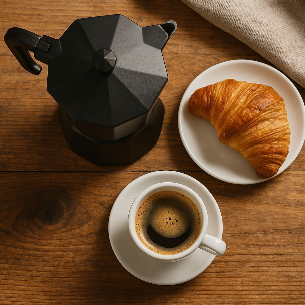 Una moka nera, una tazza di caffè con crema e un cornetto su un tavolo di legno.
