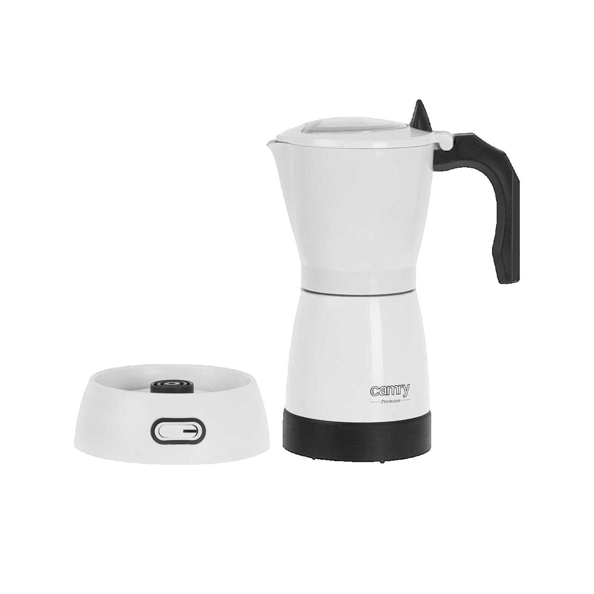 Caffettiera moka elettrica bianca con manico e base neri, accanto alla base riscaldante su sfondo bianco.