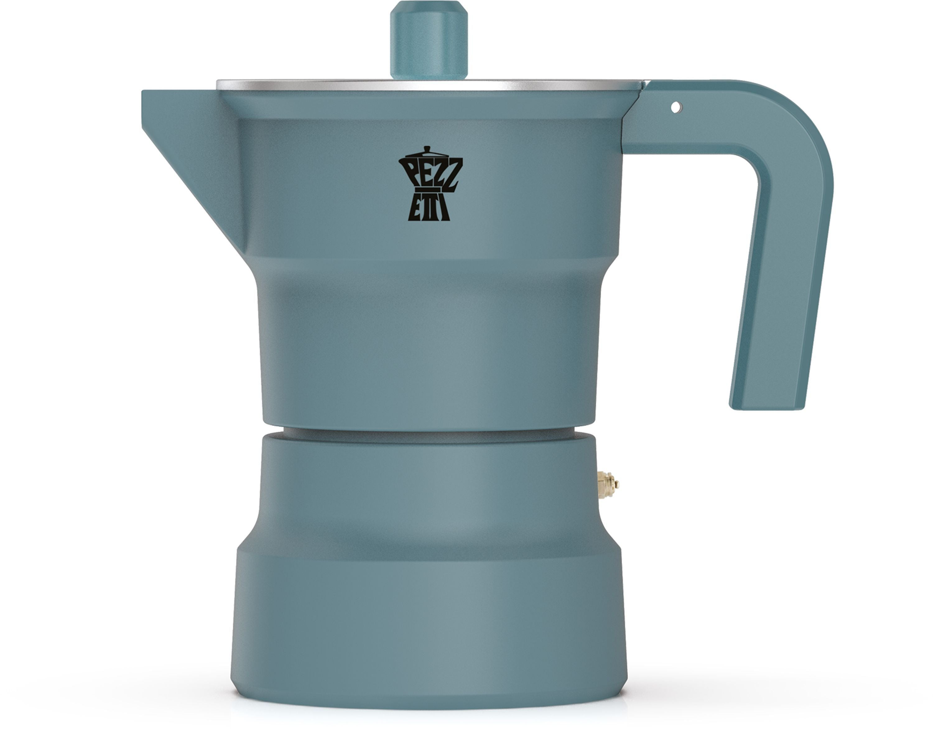 Caffettiera moka blu con logo nero su sfondo bianco.