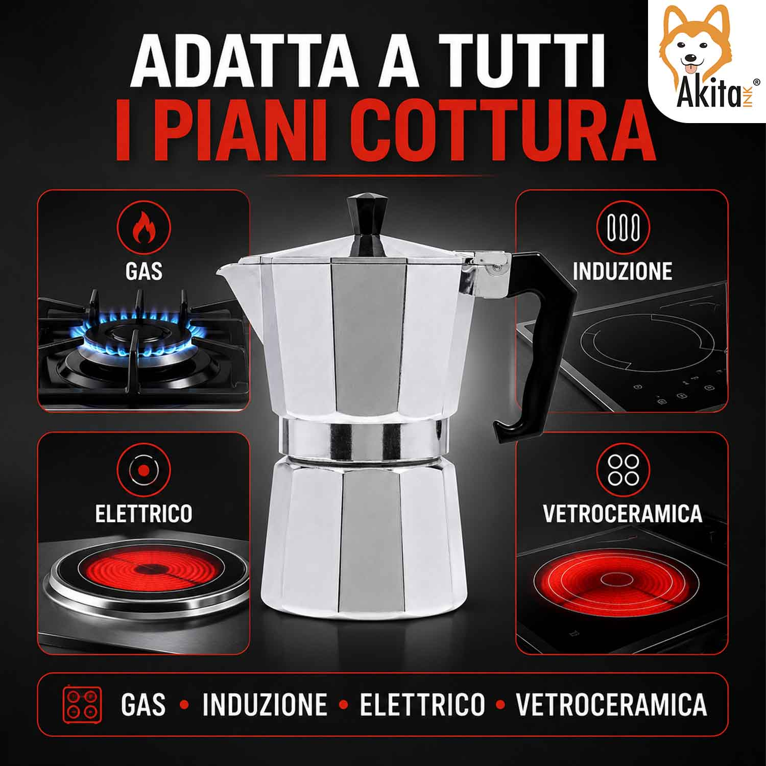 Caffettiera moka lucida con icone per piani cottura a gas, induzione, elettrici e vetroceramica.