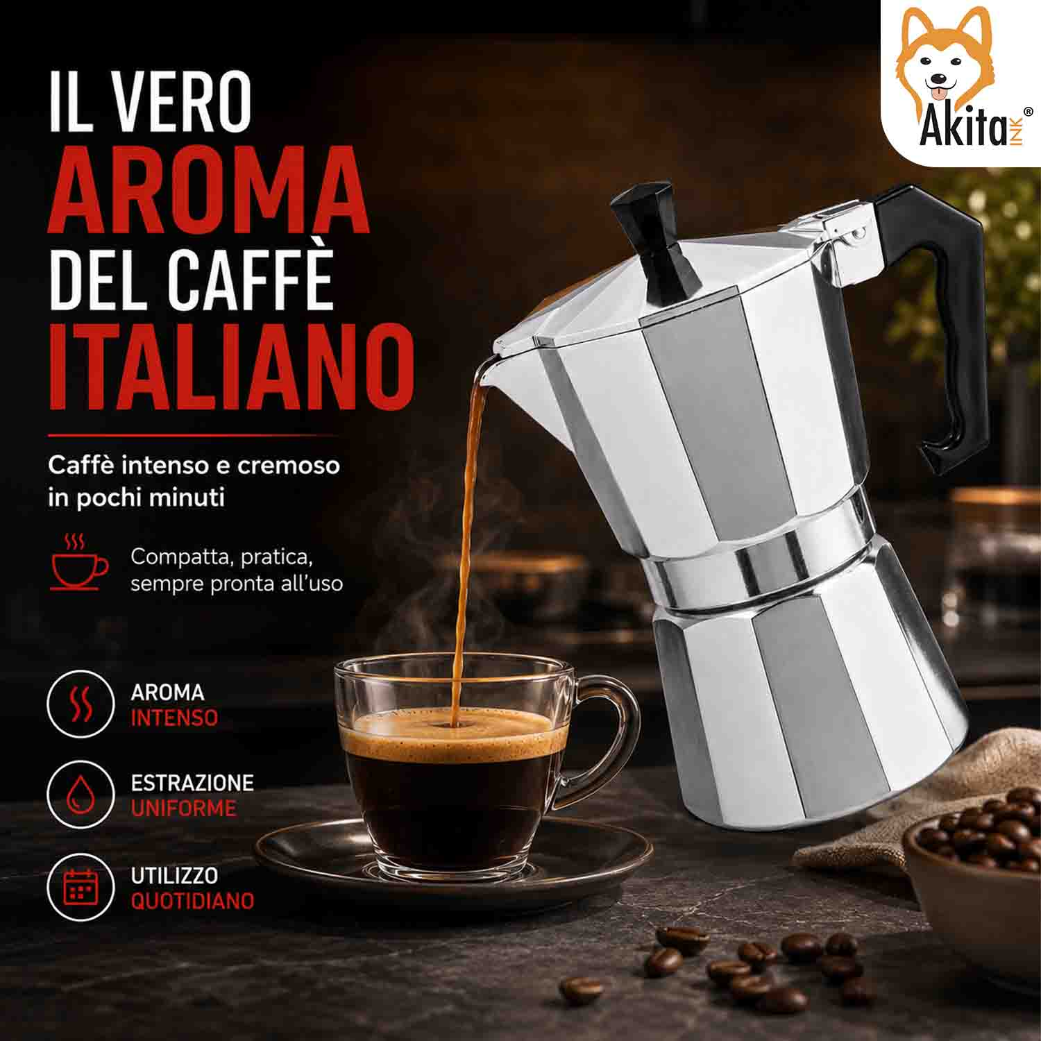 Una moka argentata versa caffè fresco in una tazzina su un tavolo di legno scuro con chicchi di caffè.