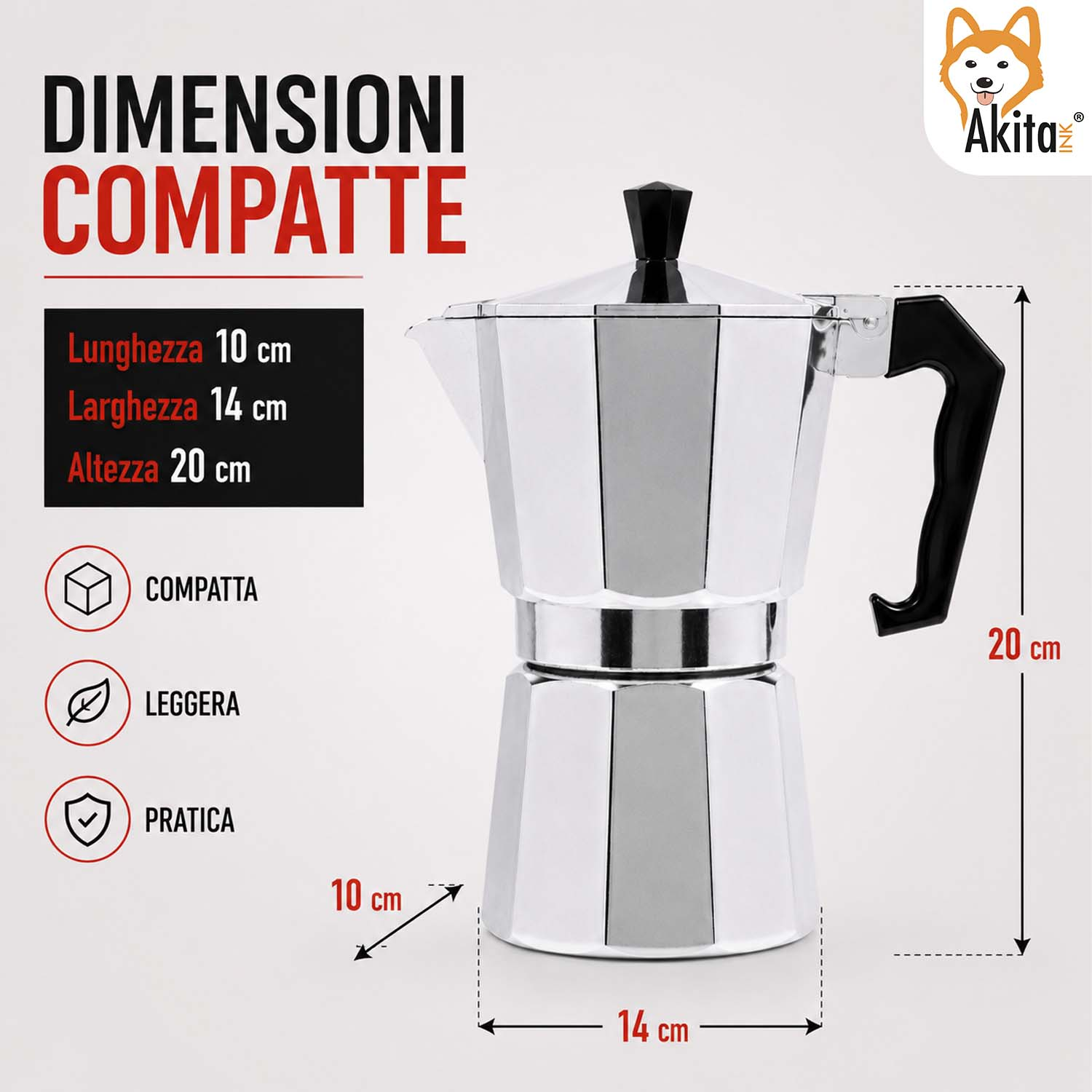 Infografica con le dimensioni di una moka: lunghezza 10 cm, larghezza 14 cm e altezza 20 cm.