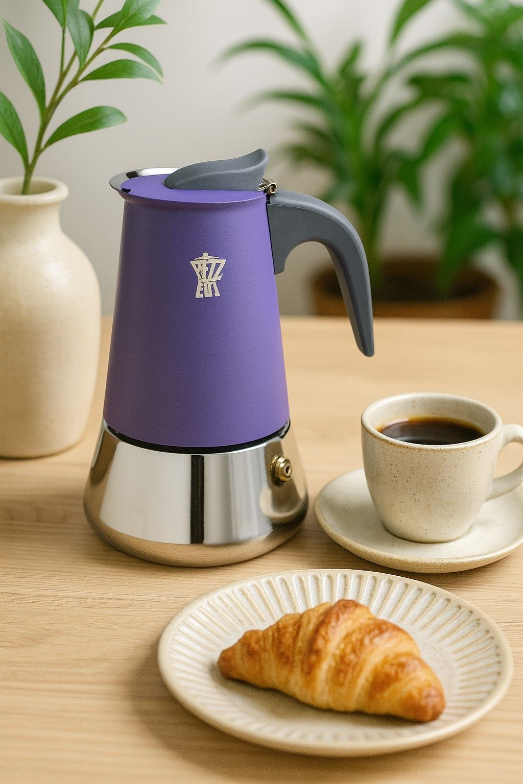 Caffettiera moka viola su tavolo di legno con tazza di caffè e croissant.