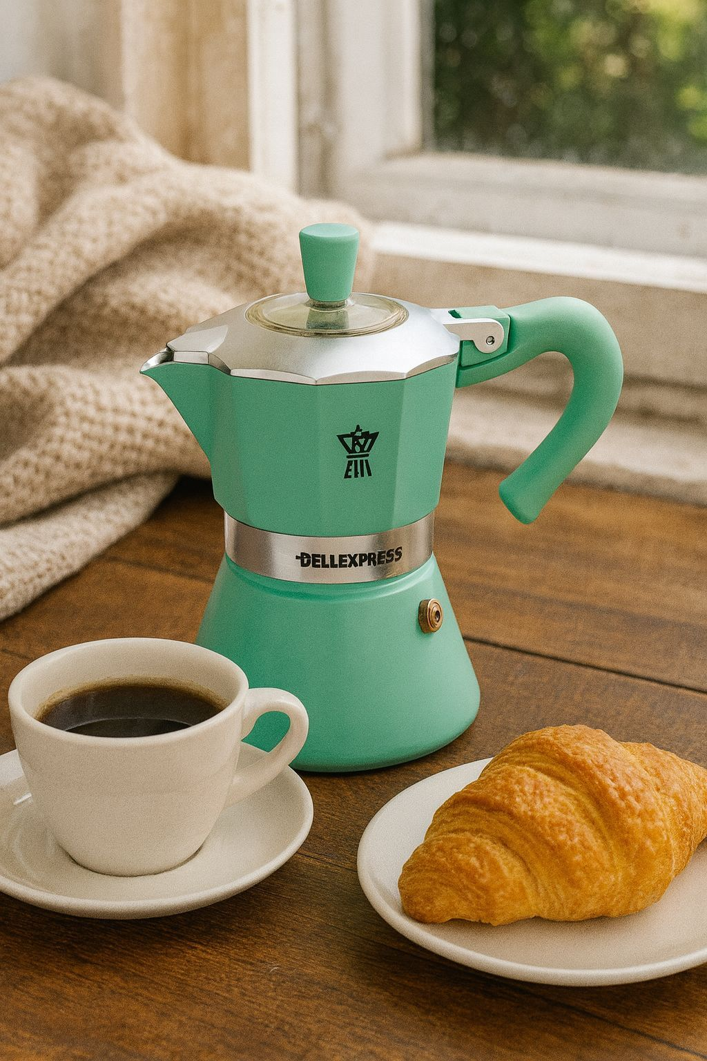 Una moka turchese si trova accanto a una tazza di caffè e a un croissant su un tavolo di legno.