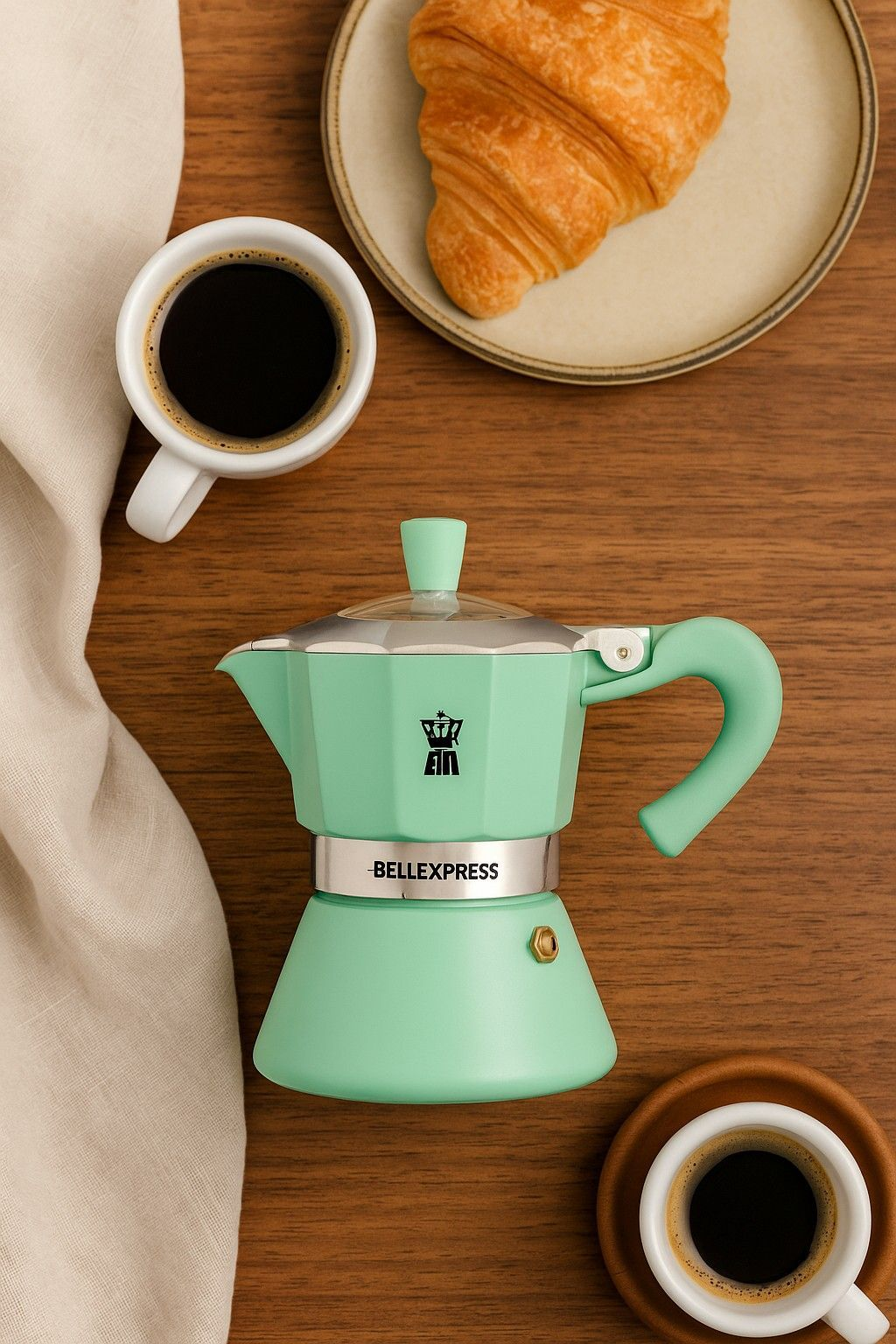 Una moka verde menta su legno, accompagnata da due tazzine di caffè e un croissant.