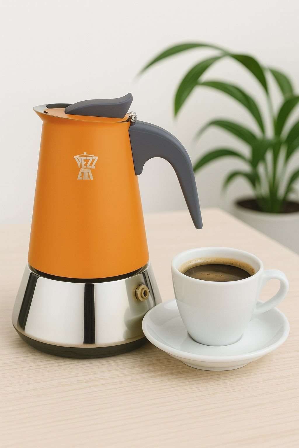 Una moka arancione e argento accanto a una tazza di caffè bianca su un tavolo di legno, con una pianta verde sullo sfondo.