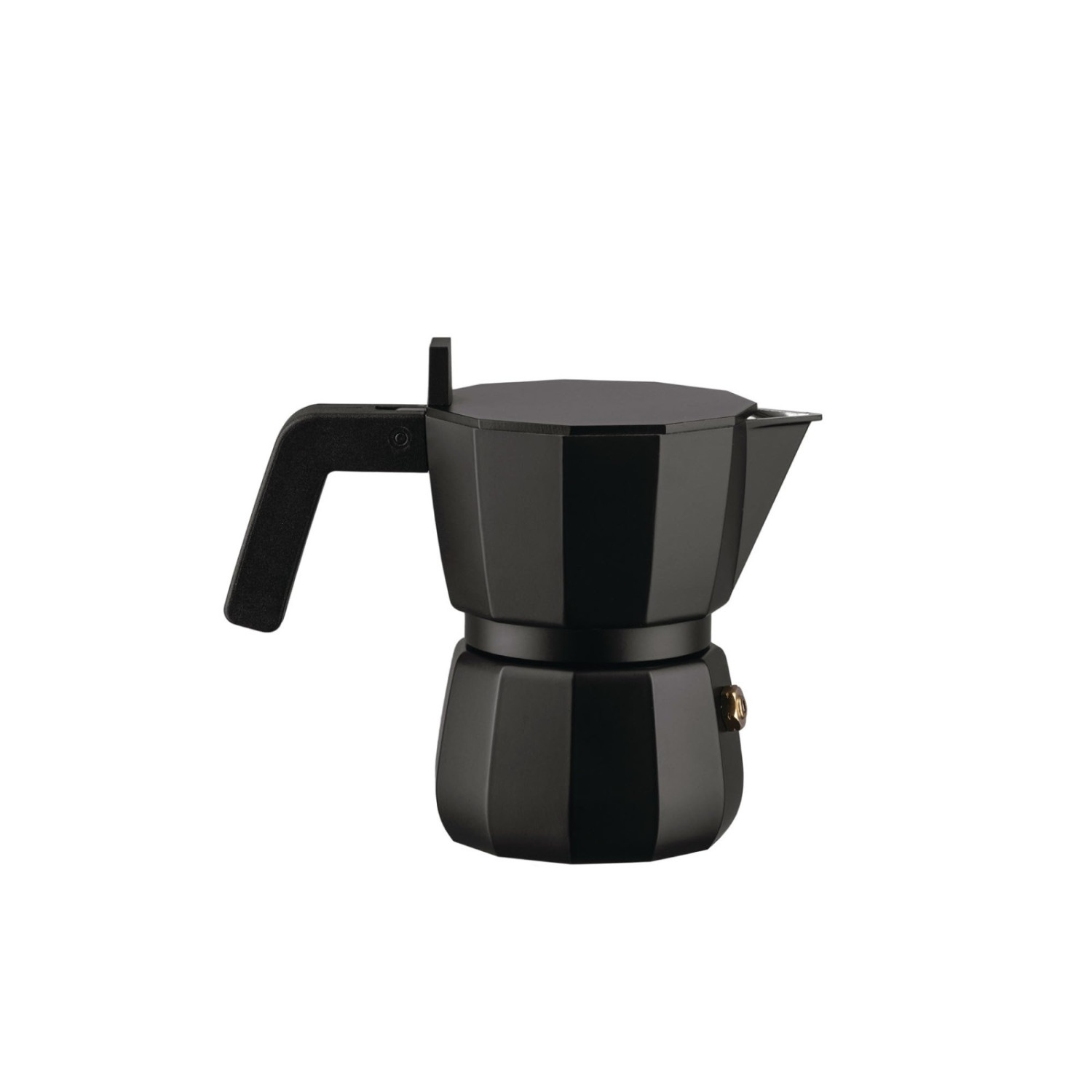 Una moka nera su sfondo bianco, con design ottagonale, manico e beccuccio.