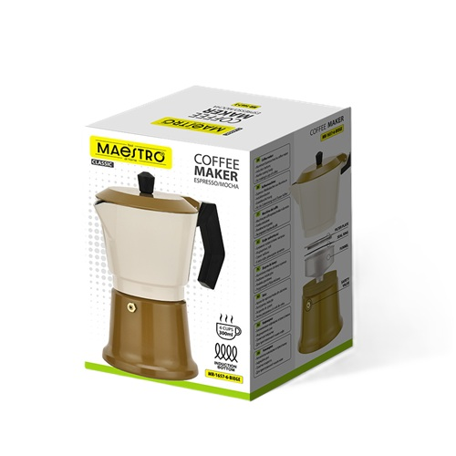 Una scatola di prodotto per una caffettiera espresso Maestro beige e marrone.