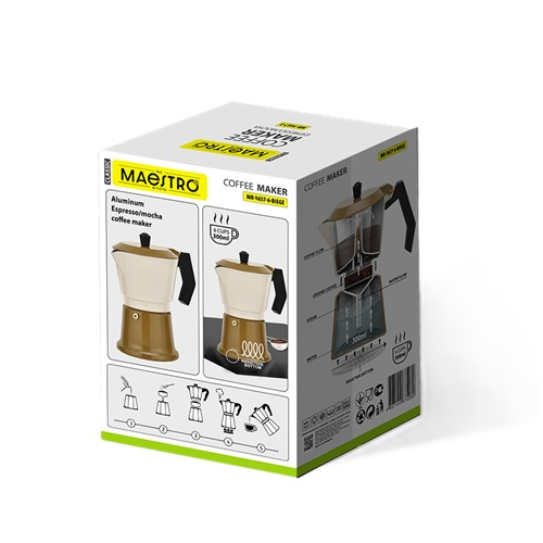 Una scatola di prodotto per una caffettiera espresso e moca in alluminio Maestro, con immagini e istruzioni.