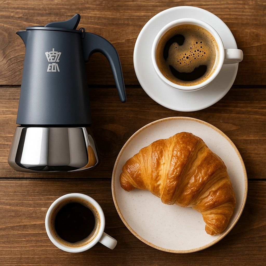 Una moka, due tazze di caffè e un croissant su un tavolo di legno.