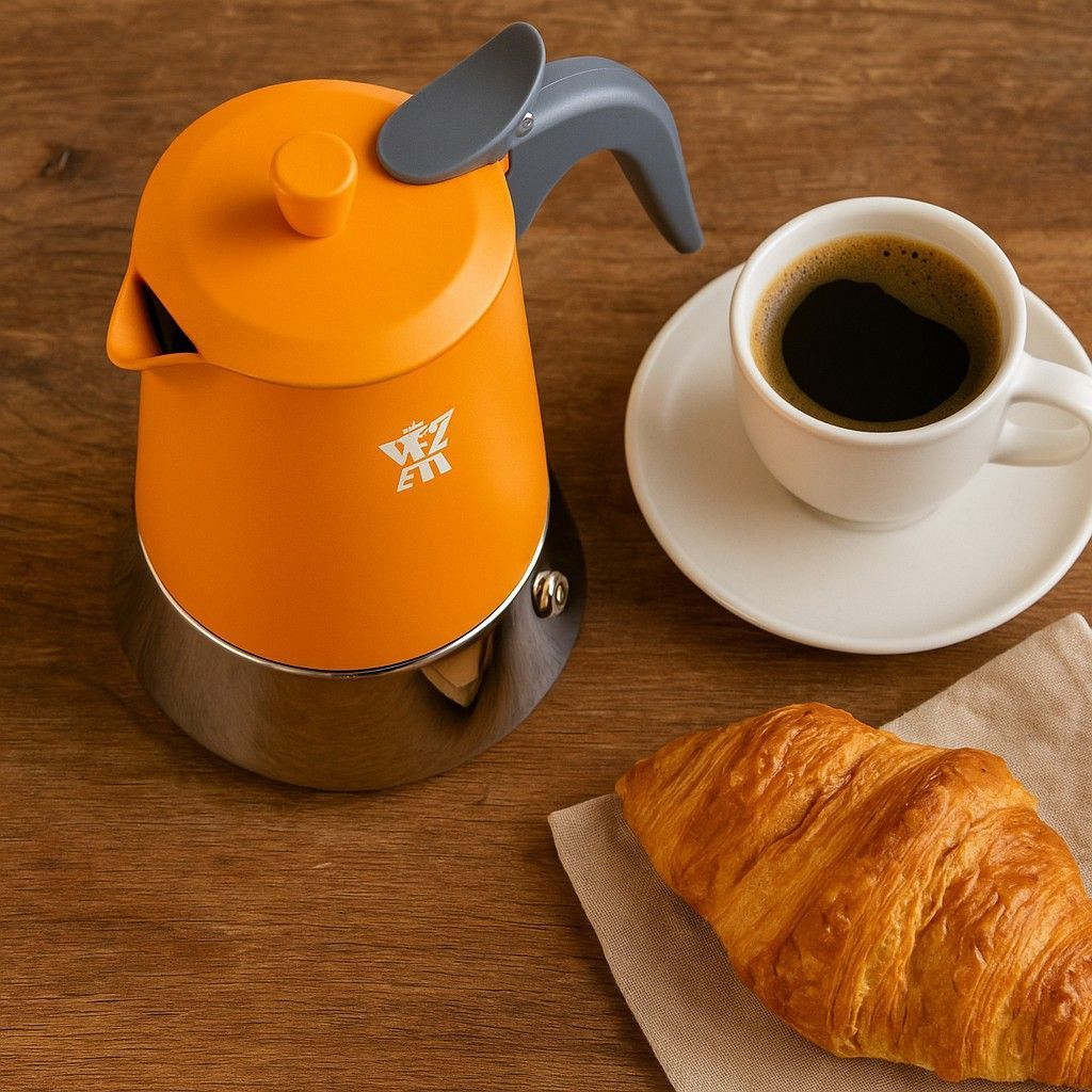 Una moka arancione e argento, una tazza di caffè bianca e un croissant su un tavolo di legno.