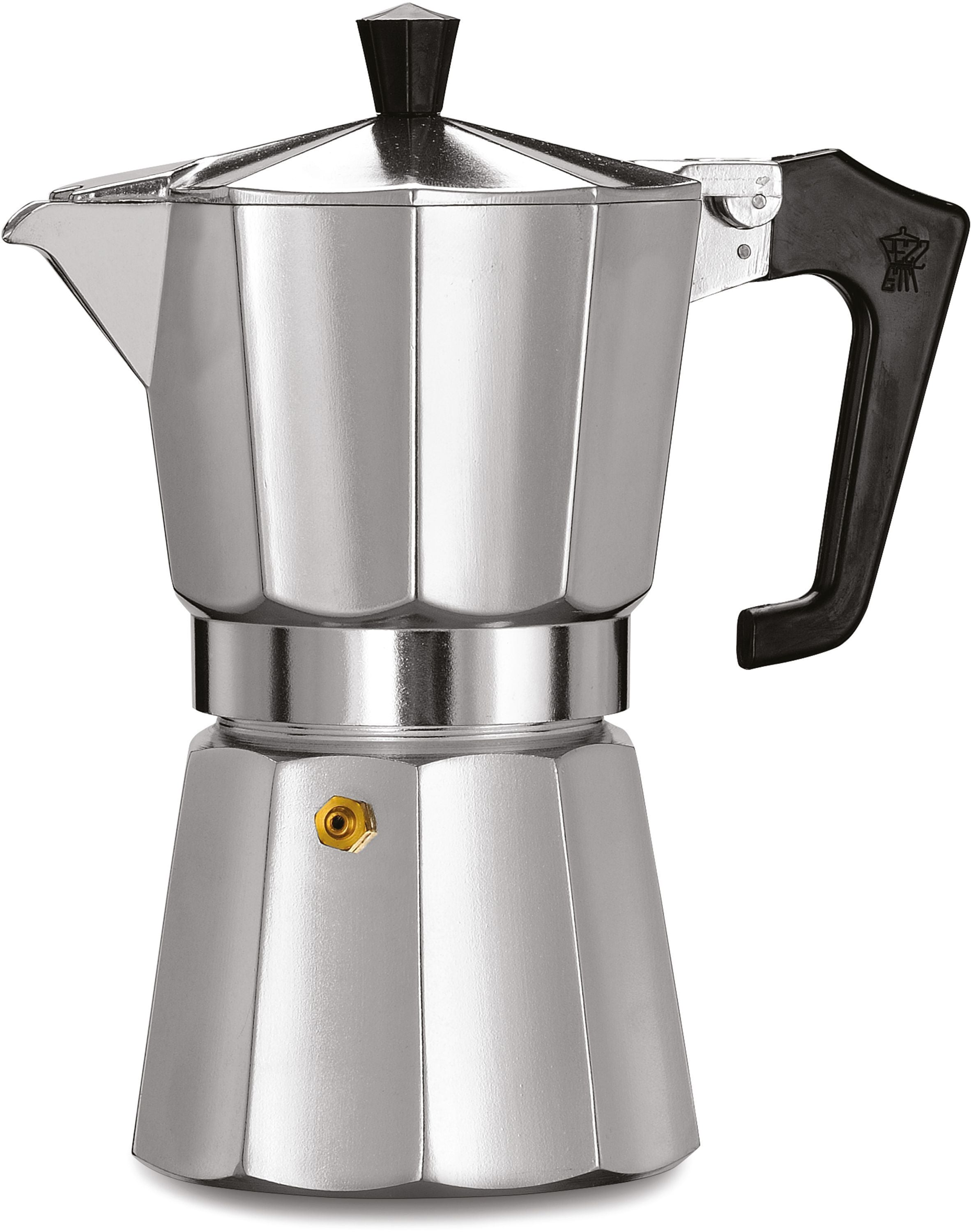 Una caffettiera moka in alluminio argento con manico e pomello neri su fondo bianco.