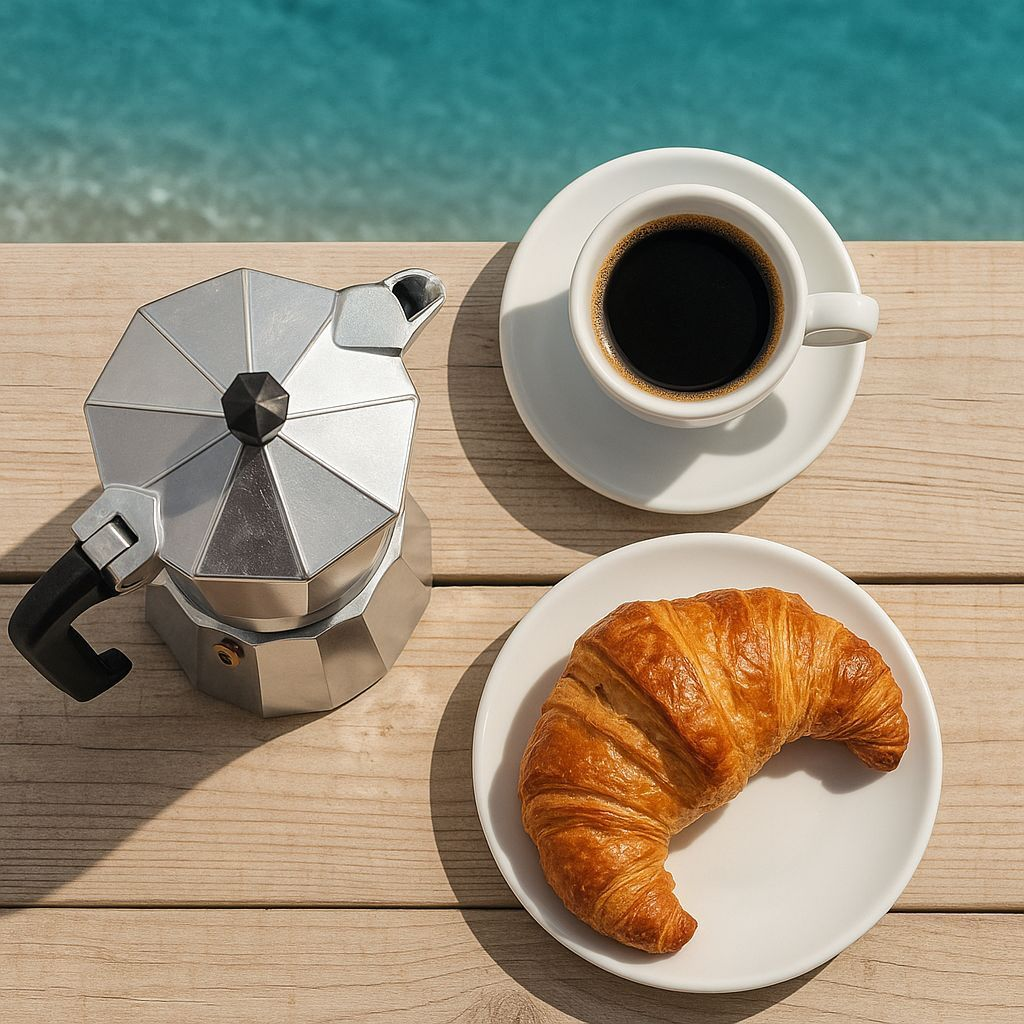 Una moka, una tazza di caffè nero e un cornetto su un tavolo di legno vicino all'acqua.