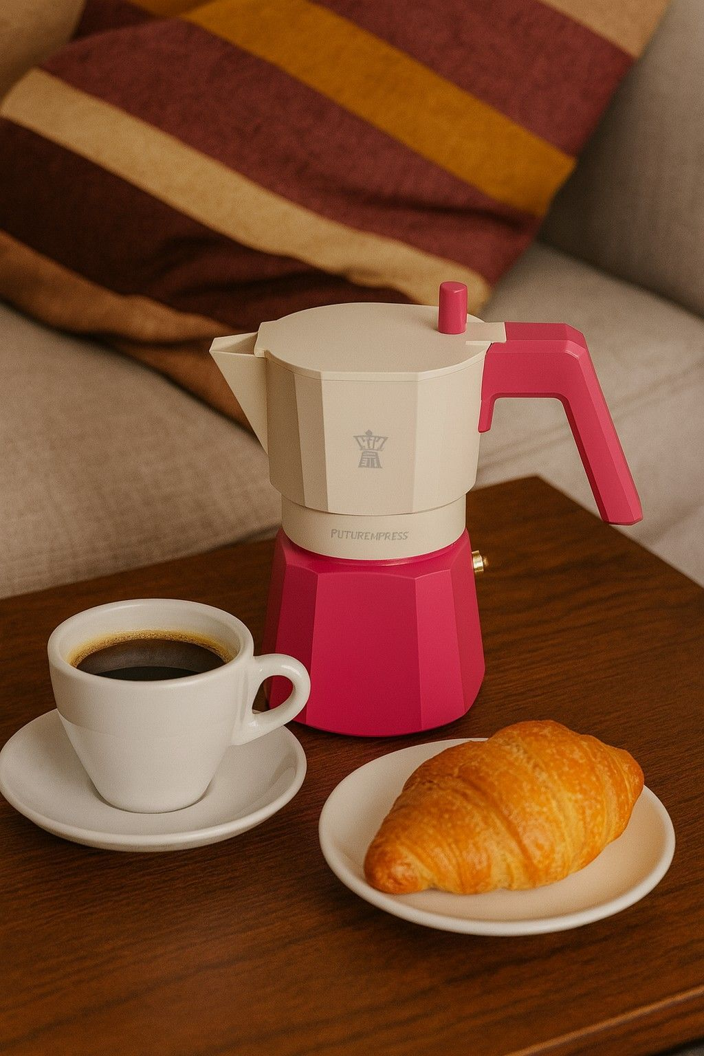 Caffettiera moka rosa e bianca, tazza di caffè nero e un croissant su tavolo.