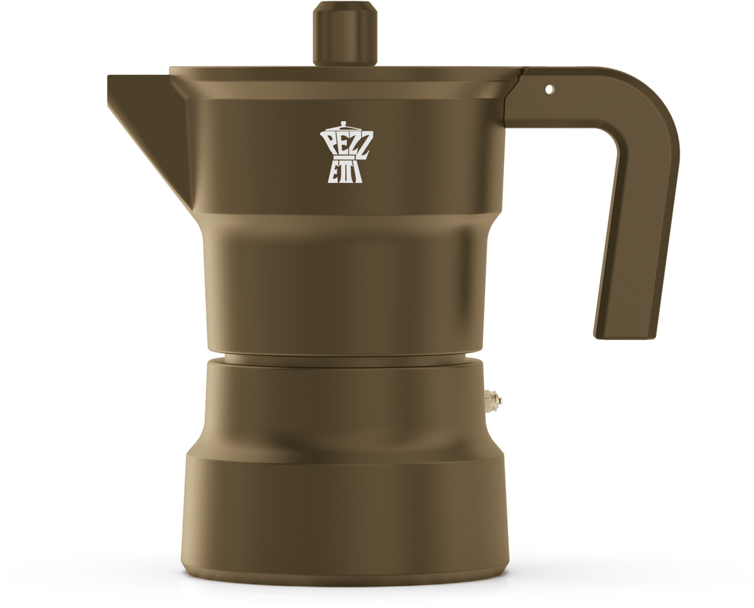 Una moka marrone con logo Pezzetti bianco su sfondo bianco.