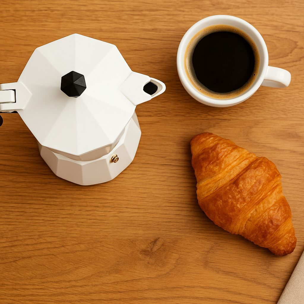 Una moka bianca, una tazza di caffè nero e un croissant fresco su un tavolo di legno.