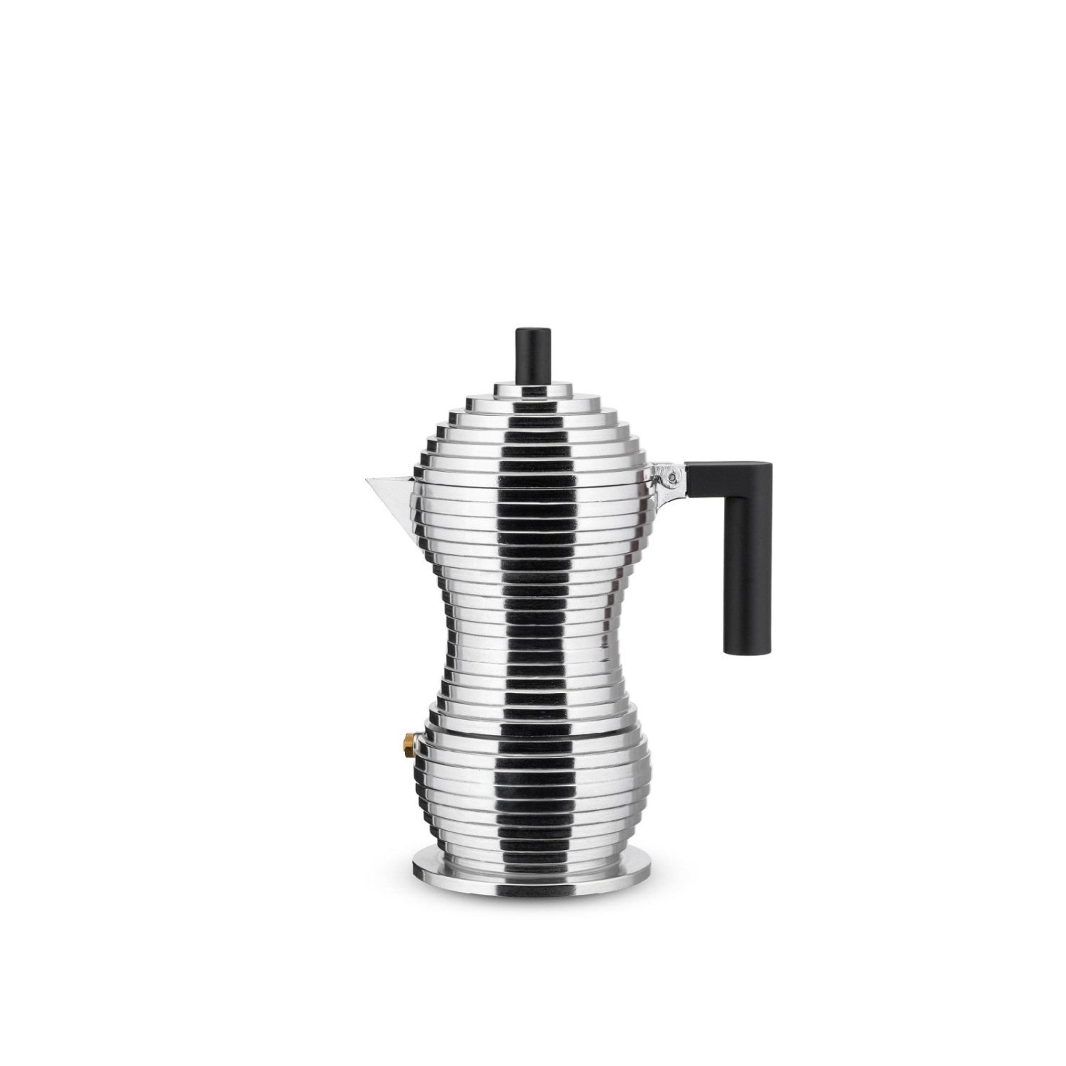 Una caffettiera espresso argentata con scanalature orizzontali e manico nero.