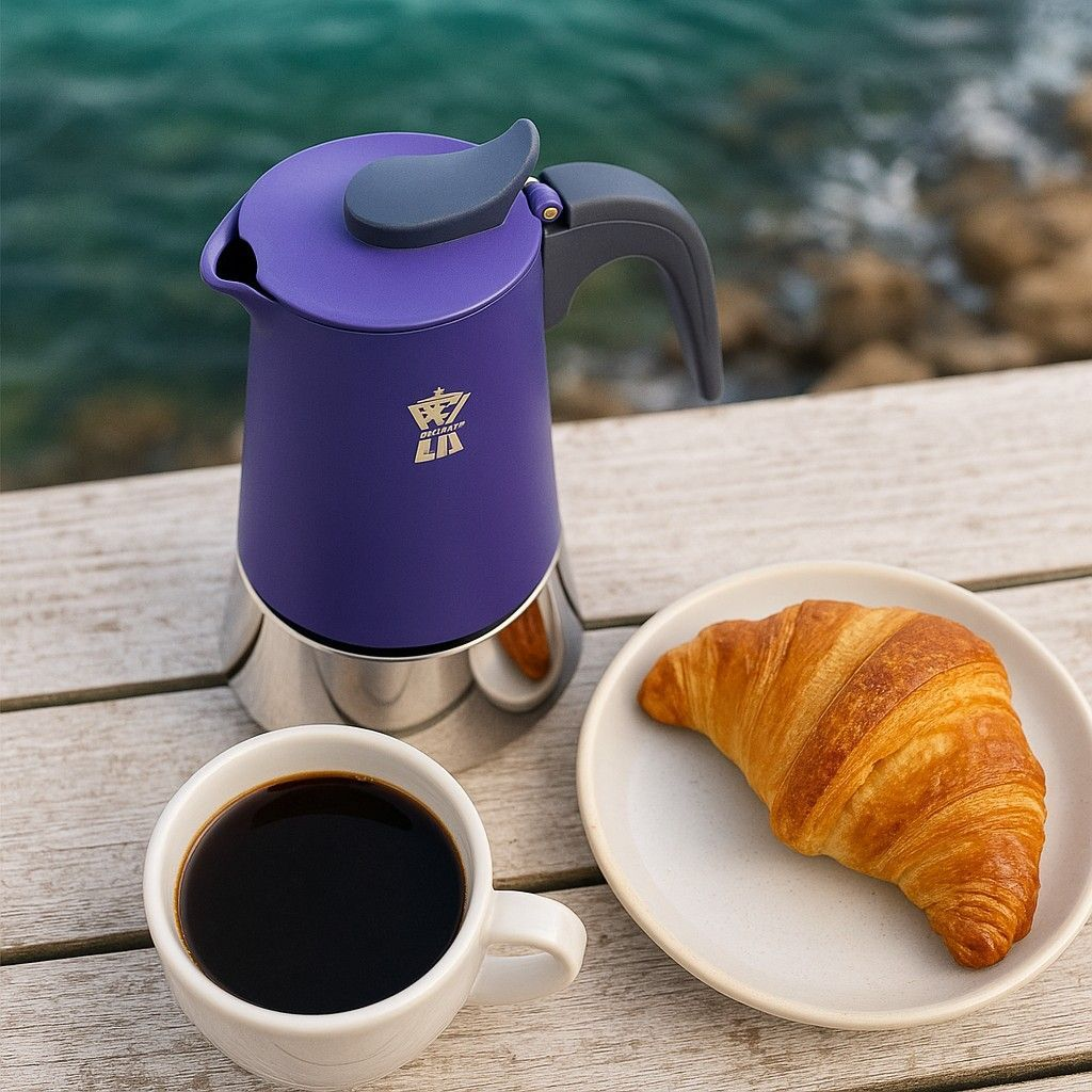 Caffettiera moka viola, tazza di caffè e croissant su un ponte in legno.