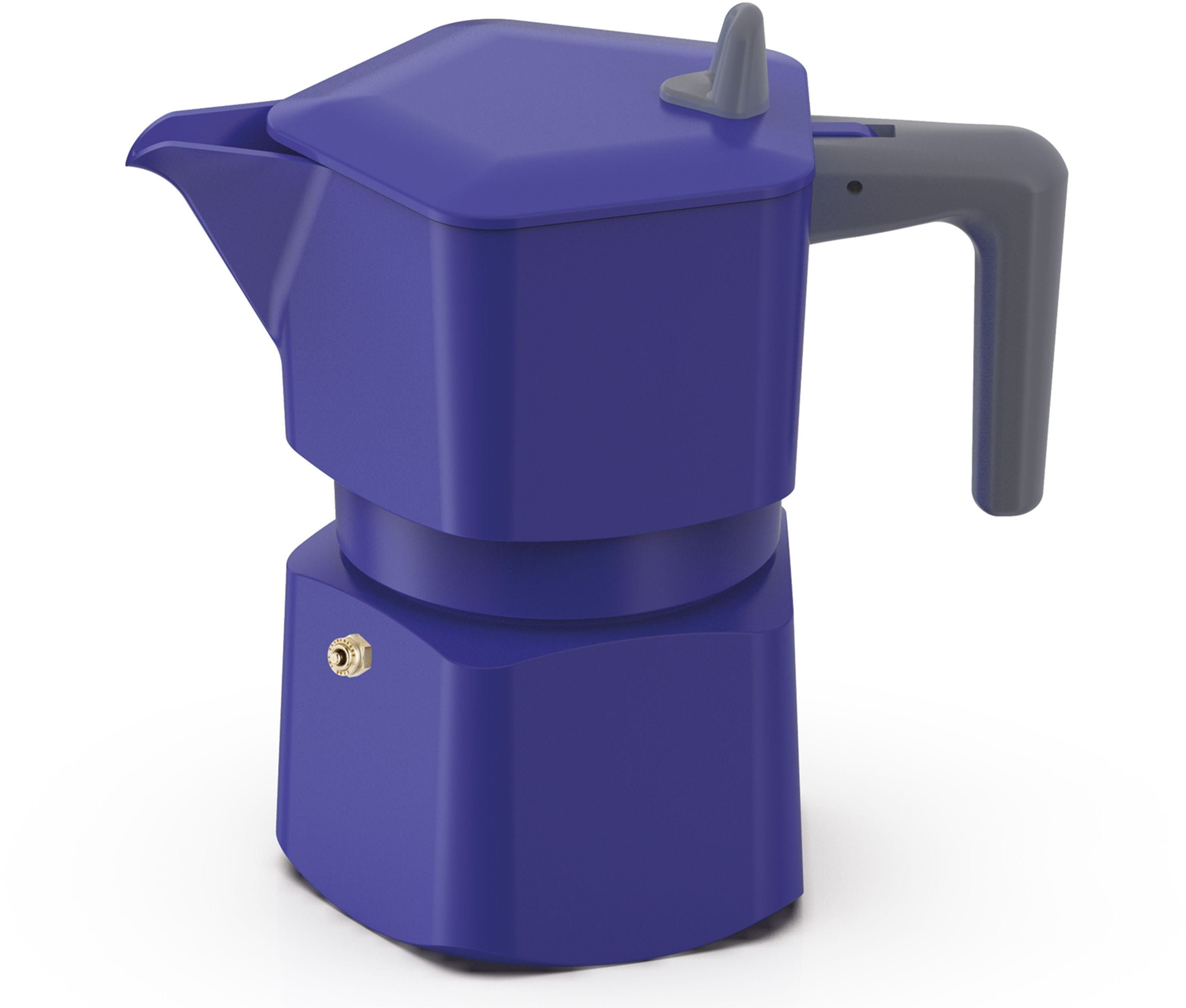 Una caffettiera moka blu con manico e pomello grigi su sfondo bianco.