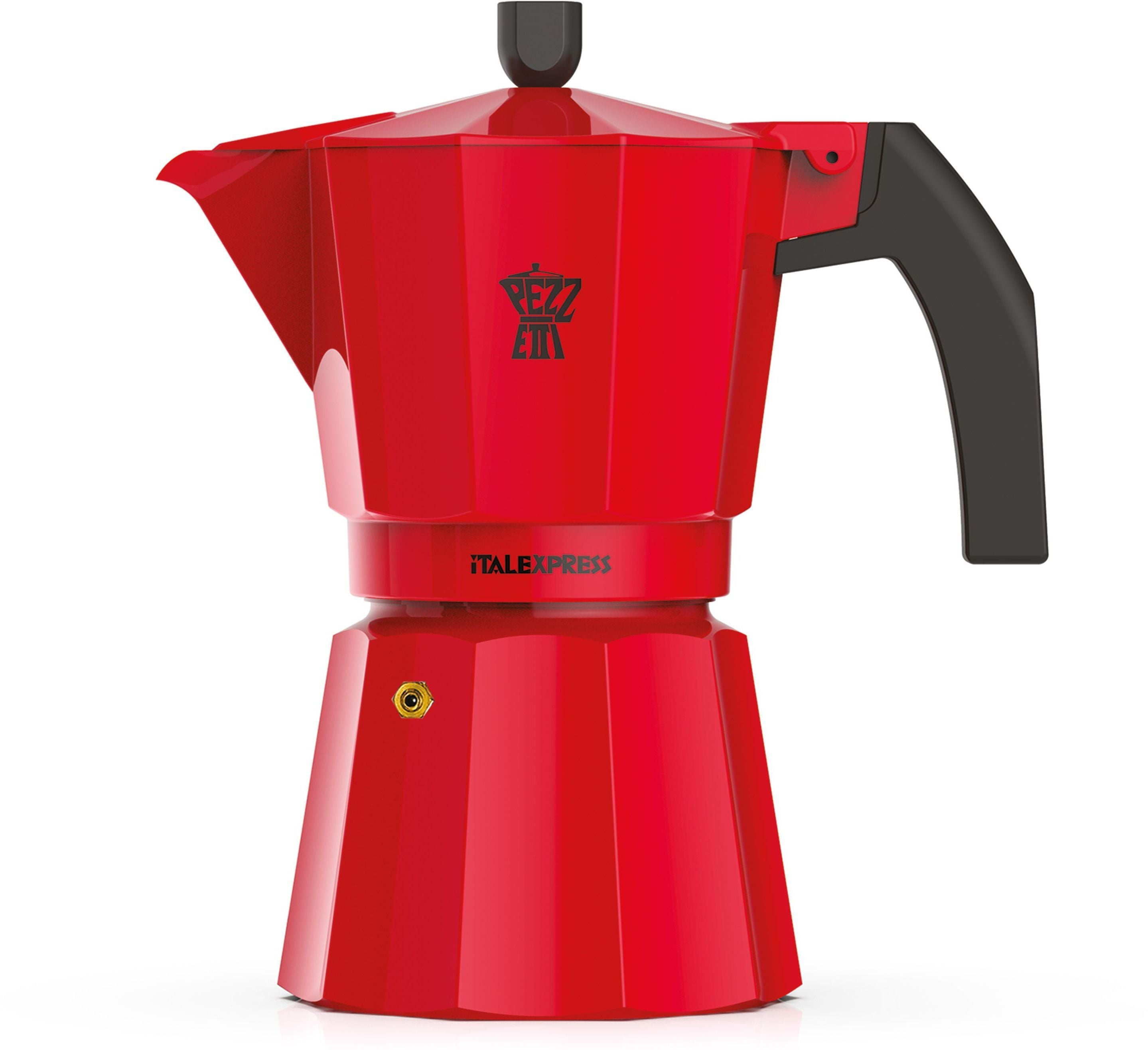 Una caffettiera moka rossa lucida con manico e pomello neri su sfondo bianco.