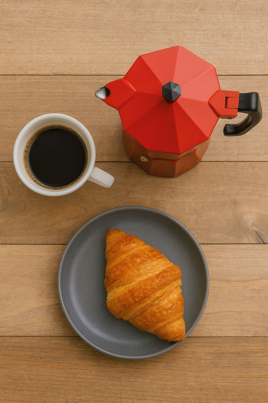Un croissant dorato su un piatto grigio, una tazza di caffè e una moka rossa su legno.