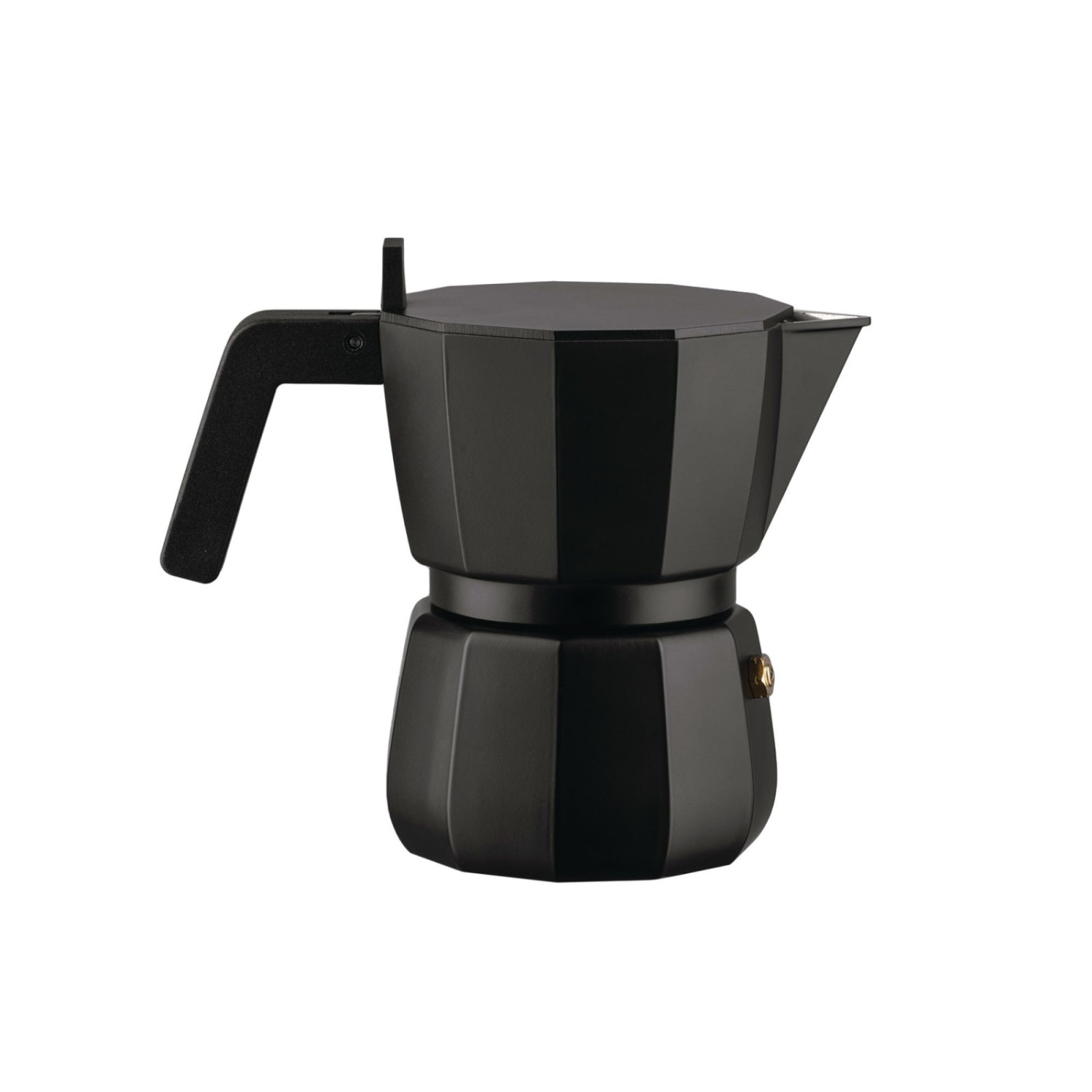 Una moka nera dal design moderno e sfaccettato su sfondo bianco.