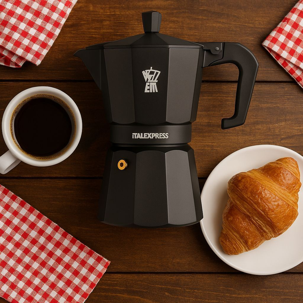 Una moka nera su un tavolo di legno con tazza di caffè, croissant su piatto bianco e tovaglioli a quadretti rossi.