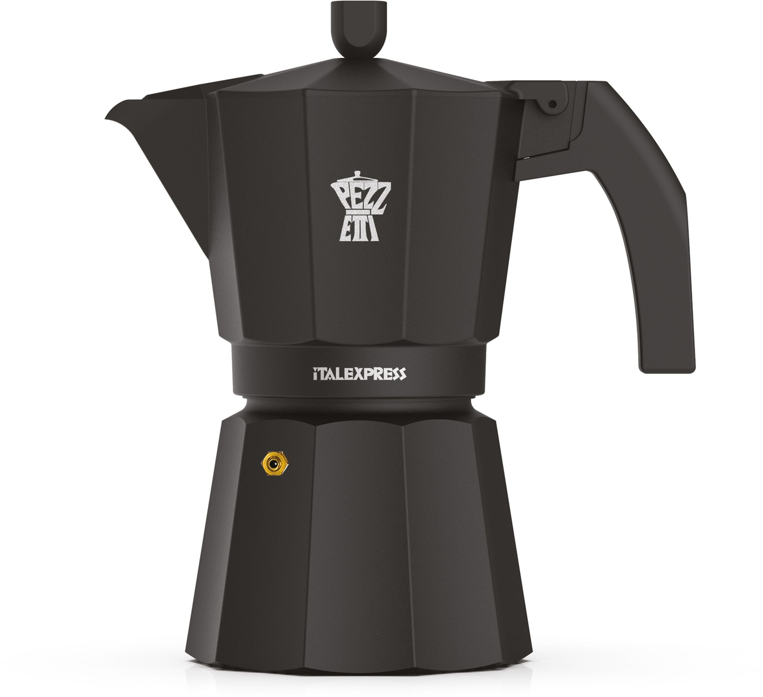 Caffettiera moka nera con logo Pezzetti bianco su sfondo bianco.
