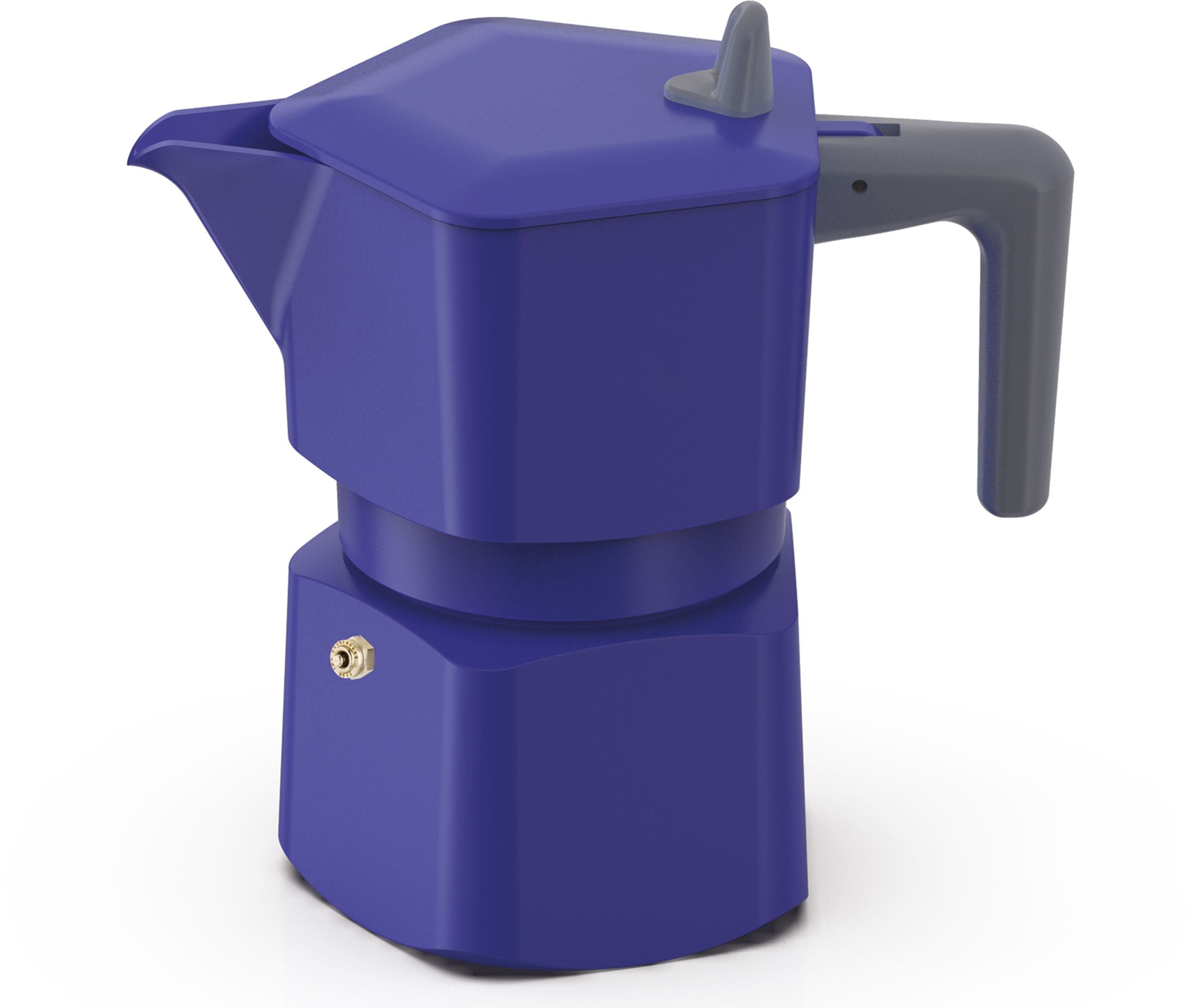Una moderna moka viola con manico e pomello grigi, su sfondo bianco.