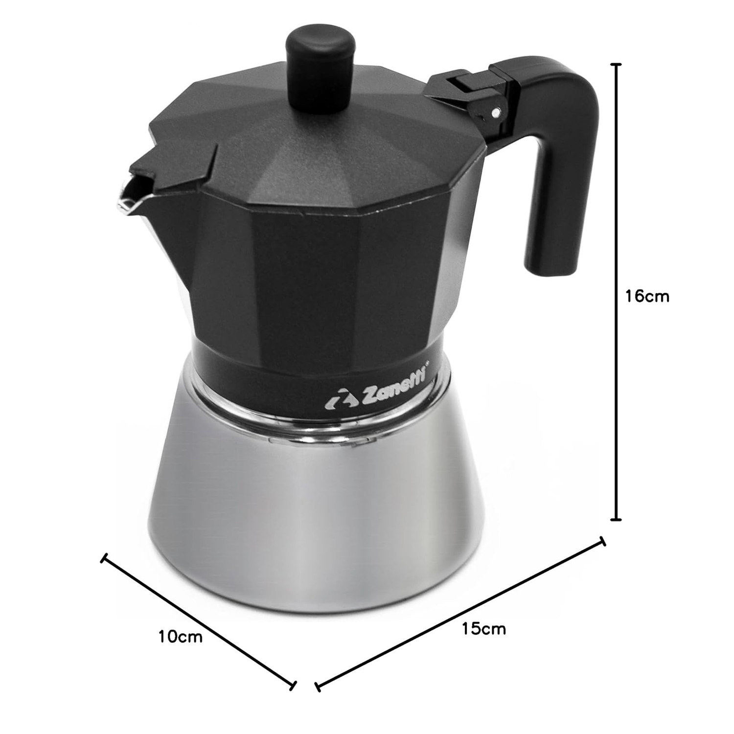 Caffettiera moka nera e argento con linee di quota che indicano un'altezza di 16 cm, una profondità di 10 cm e una larghezza di 15 cm.