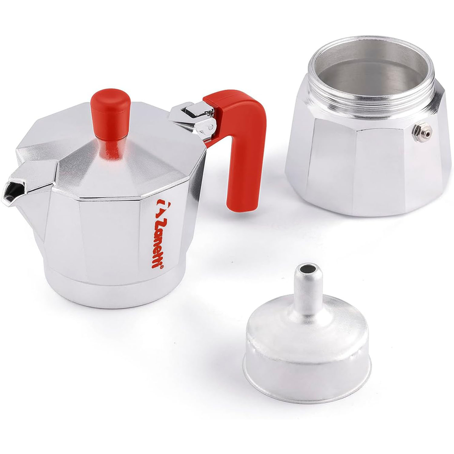 Una caffettiera moka argentata con manico e pomello rossi, smontata in tre parti su sfondo bianco.