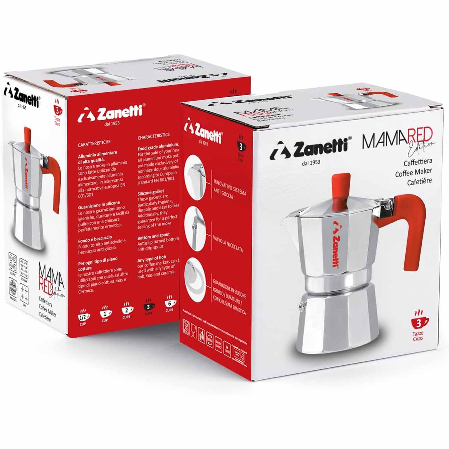 Due scatole di caffettiera Zanetti Mama Red Edition rosse e bianche con una moka argentata accanto.