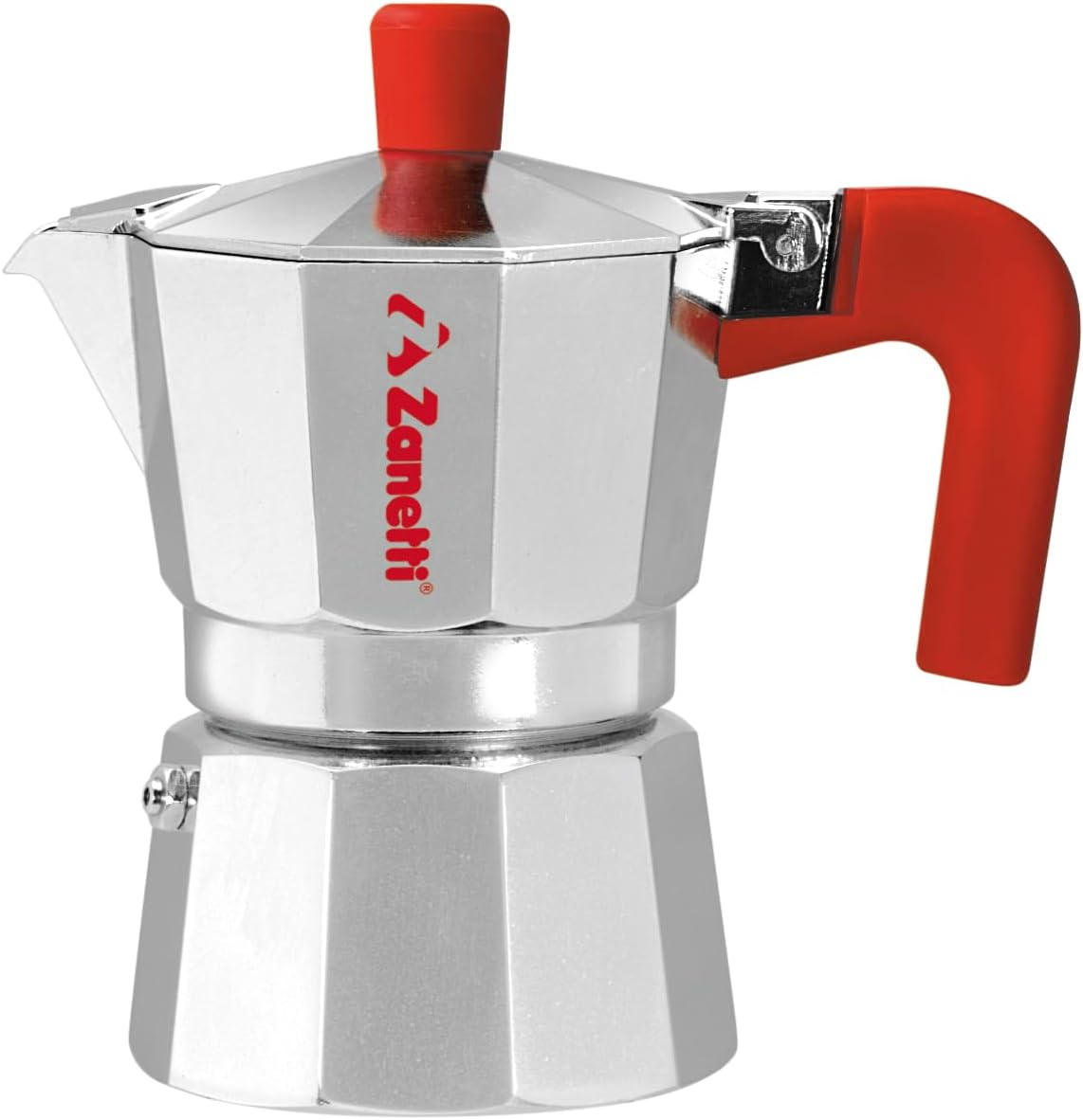 Caffettiera moka Zanetti argento lucido con manico e pomello rossi su sfondo bianco.