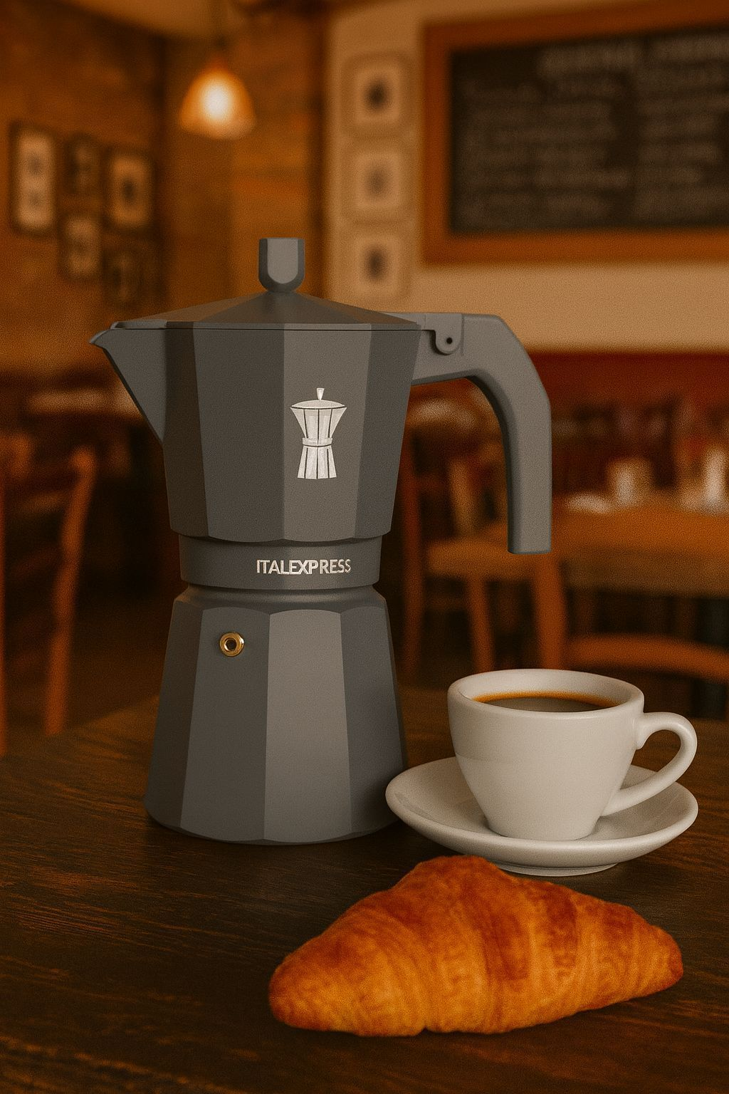 Una moka grigia, una tazza di caffè e un croissant si trovano su un tavolo di legno in un bar.
